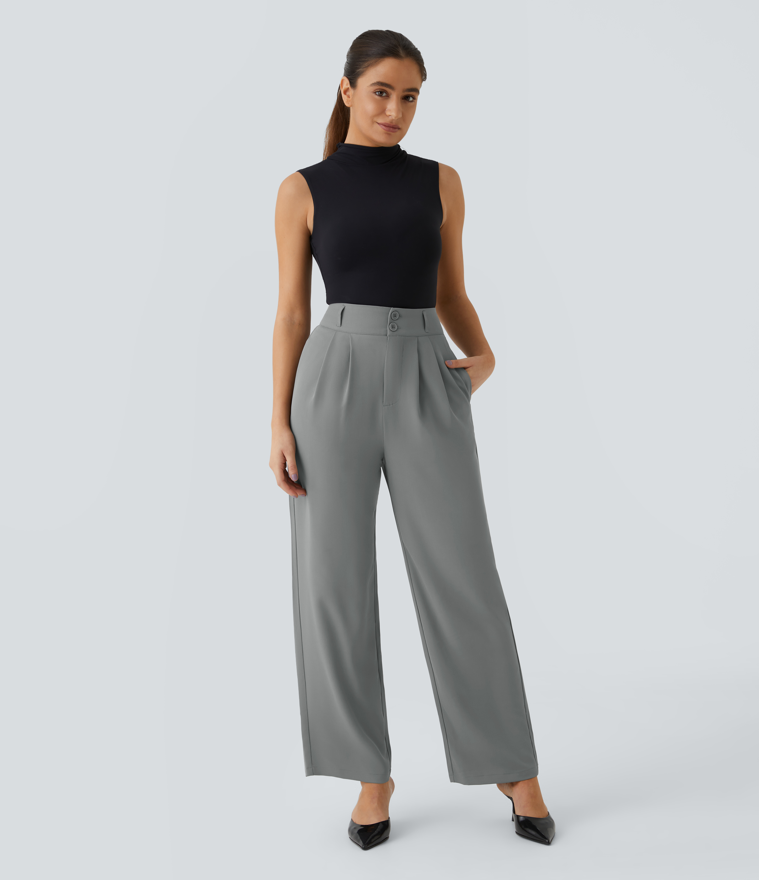 Halara High Waisted Button Zipper Side Pocket Shirred Straight Leg Work Pants  - Mockingbird - L(regular) sweatpants jogger pants 