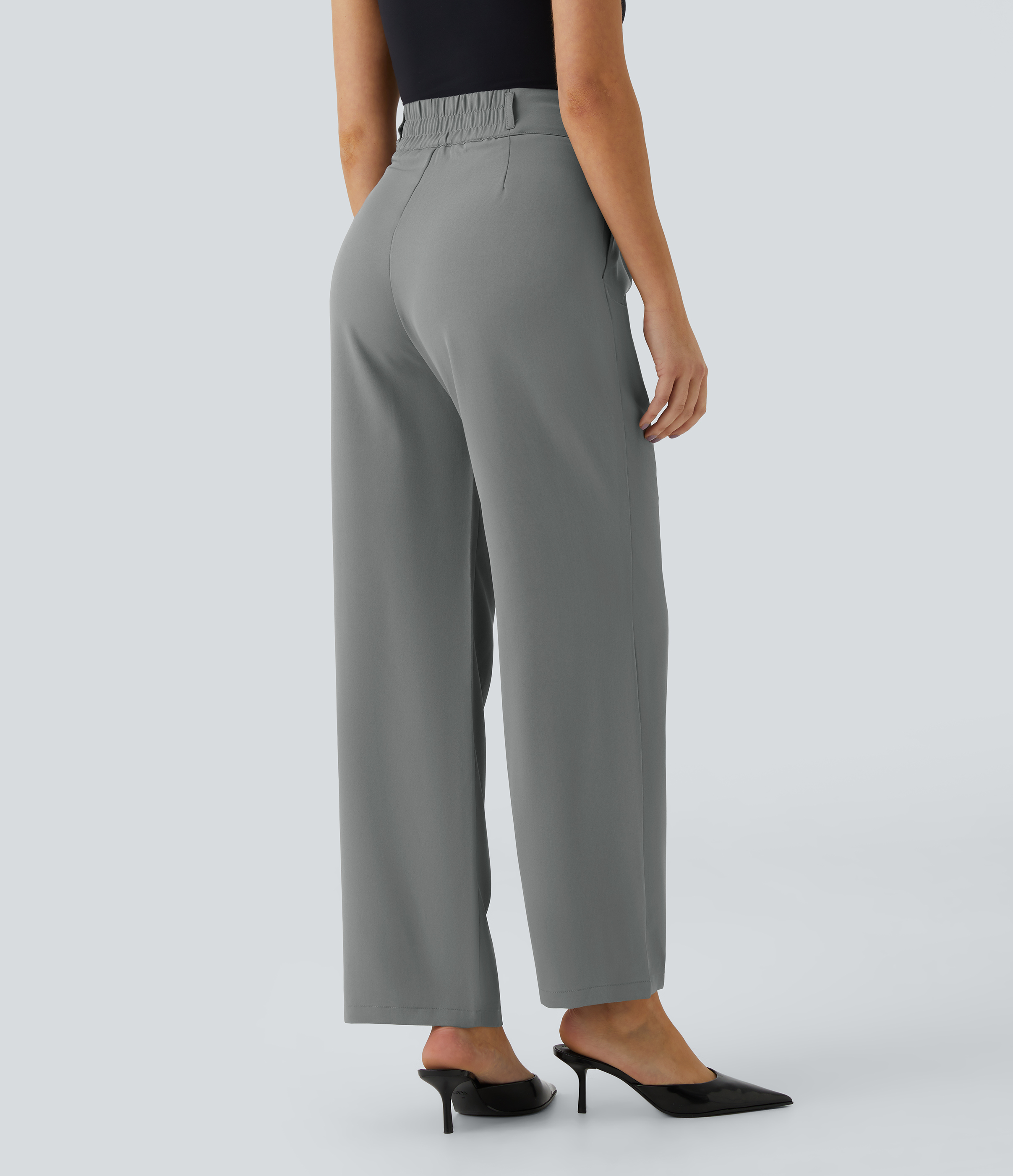 Halara High Waisted Button Zipper Side Pocket Shirred Straight Leg Work Pants  - Mockingbird - L(regular) sweatpants jogger pants 