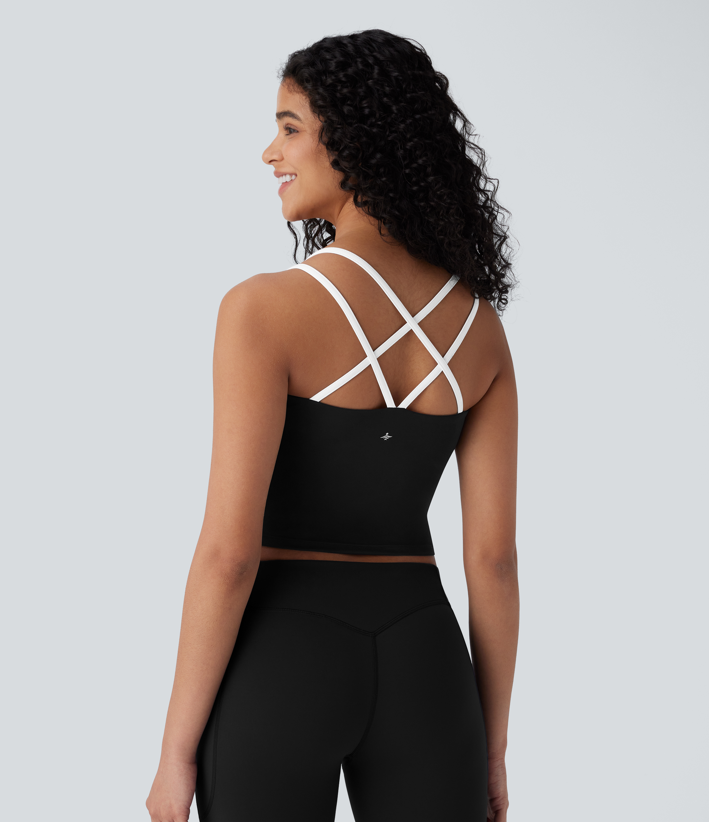 Halara Softlyzeroв„ў QuickDry Crisscross Backless Color Block Skinny Cropped Quick Dry Yoga Cami Top Tank Top - Black - M golf tops halter top 