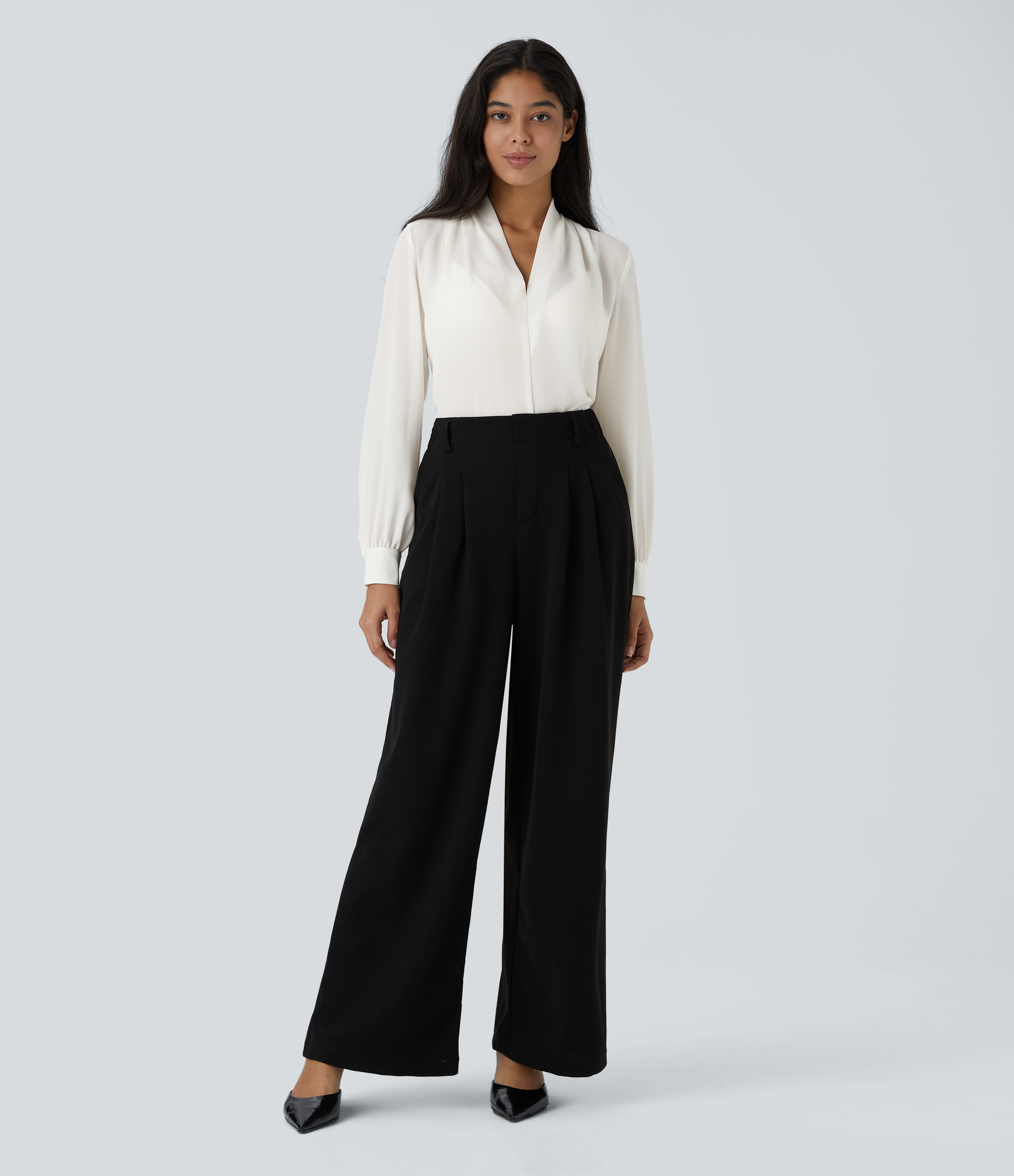 Halara V Neck Plicated Long Sleeve Work Blouse  - White - XS 