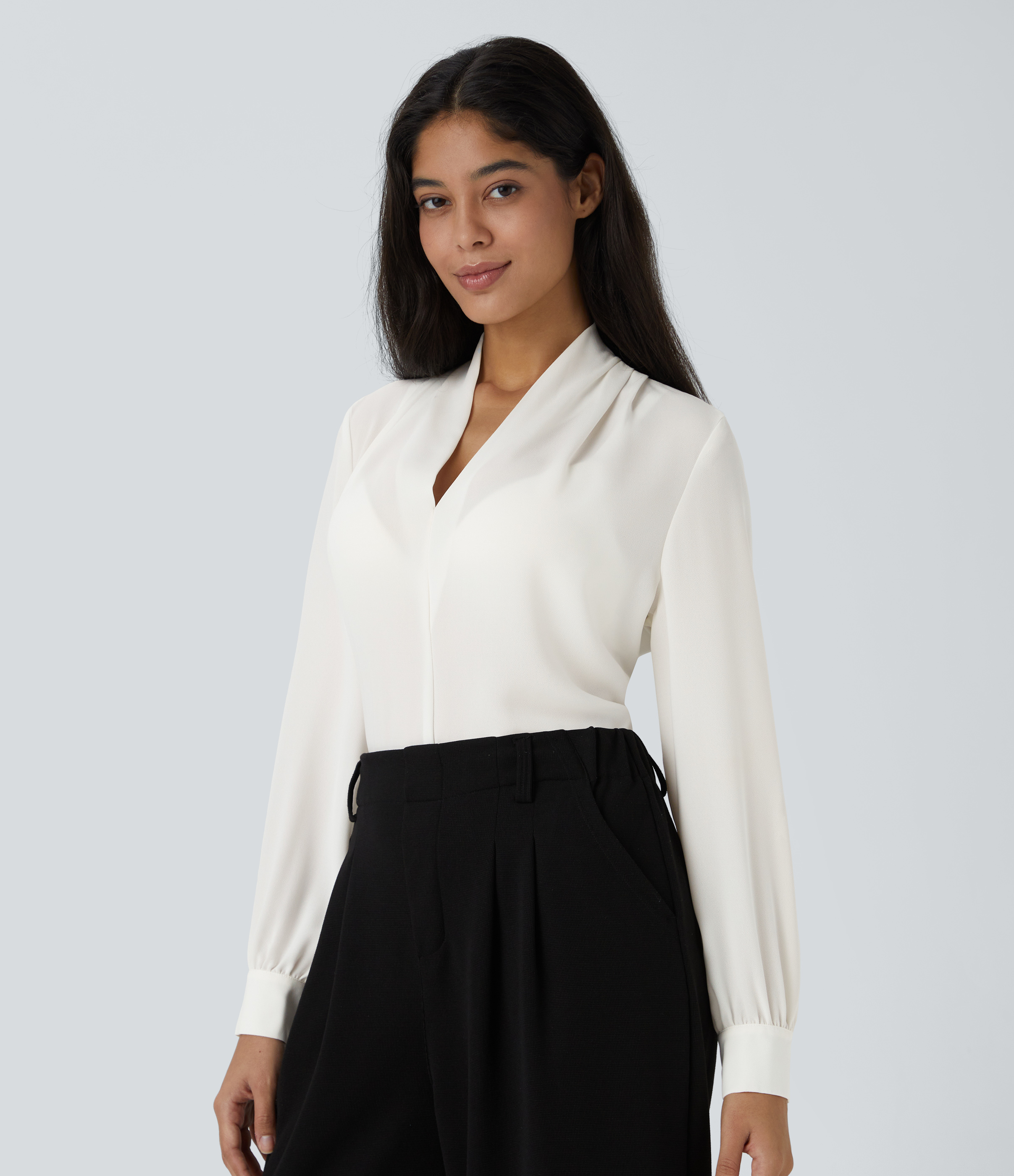 Halara V Neck Plicated Long Sleeve Work Blouse  - White - XS 