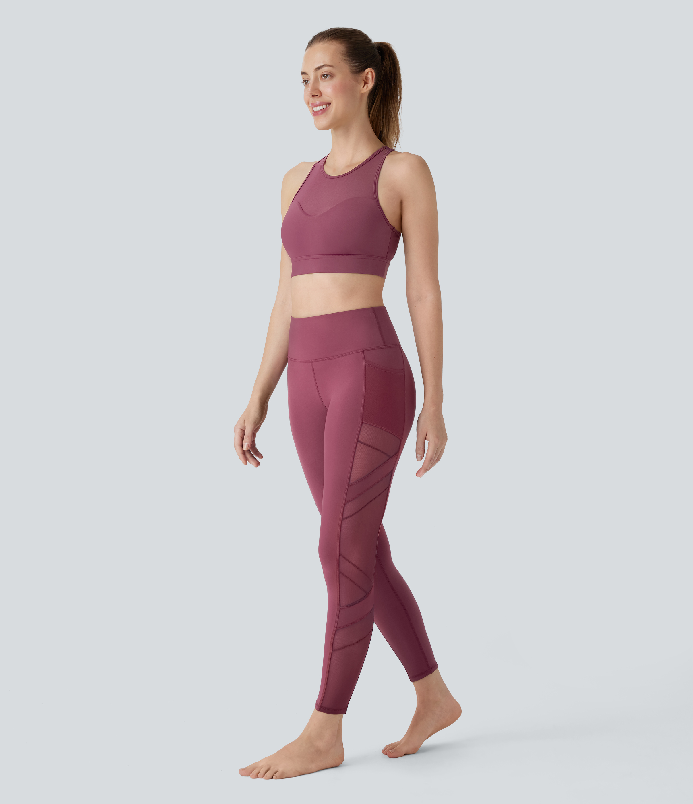 Halara  High Waisted Side Pocket Contrast Mesh 7/8 Yoga Leggings  - Red Mahogany - S(7/8) gym leggings leggings with pockets 