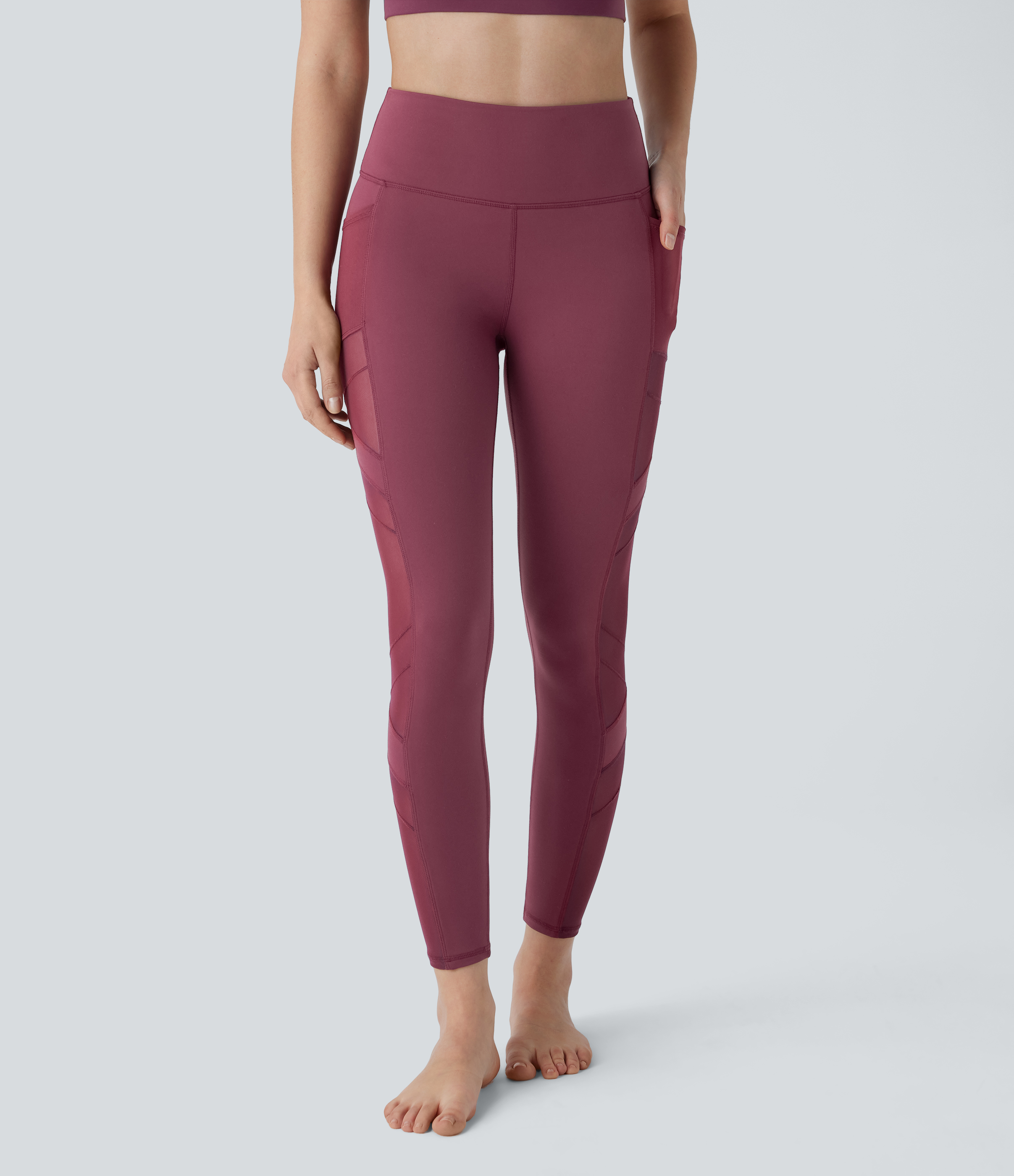 Halara  High Waisted Side Pocket Contrast Mesh 7/8 Yoga Leggings  - Red Mahogany - S(7/8) gym leggings leggings with pockets 