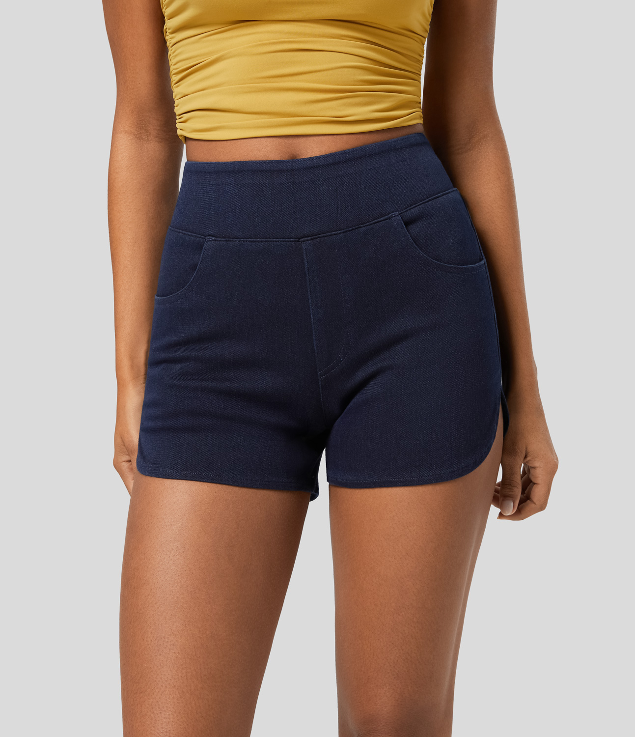 

Halara HalaraMagicв„ў High Waisted Multiple Pockets Curved Hem Skinny Washed Stretchy Knit Denim Casual Shorts 3'' - Blue Wind Denim