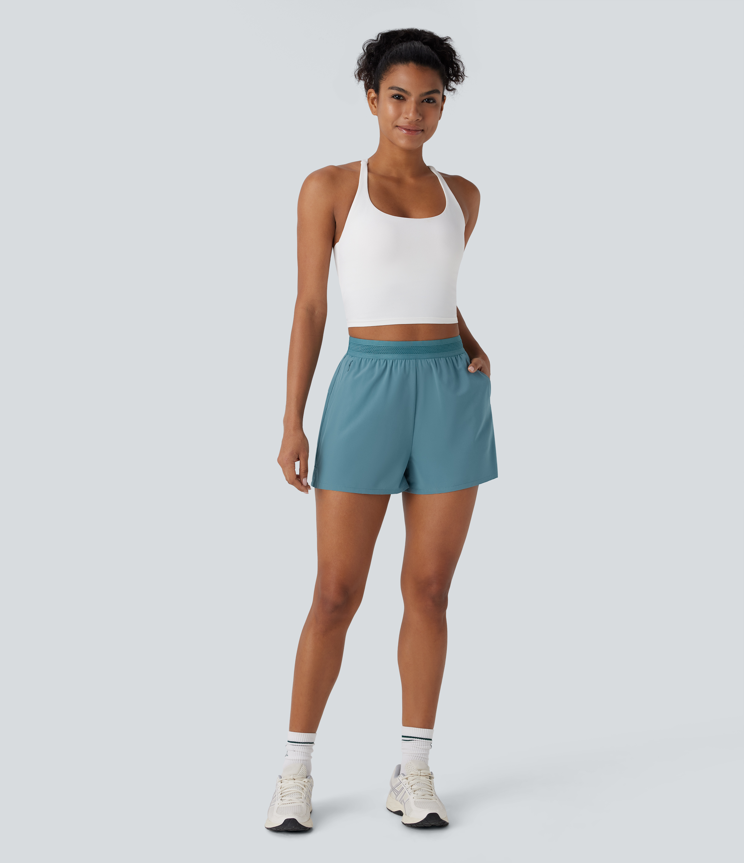 Halara Breezefulв„ў Mid High Waisted Side Zip Pocket Ruffle Split Quick Dry Running Shorts Gym Short - Mineral Blue - L booty shorts 