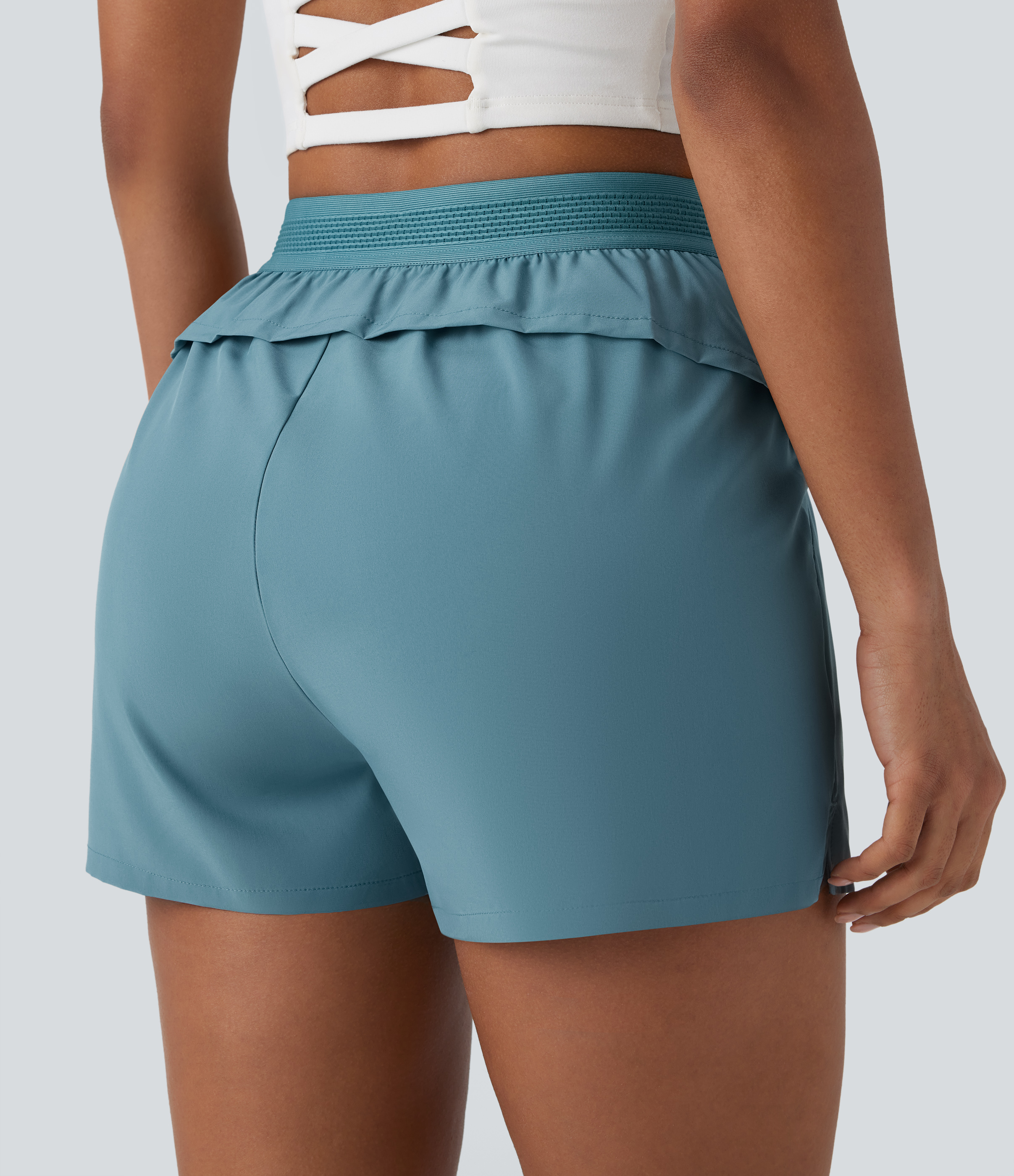 Halara Breezefulв„ў Mid High Waisted Side Zip Pocket Ruffle Split Quick Dry Running Shorts Gym Short - Mineral Blue - L booty shorts 
