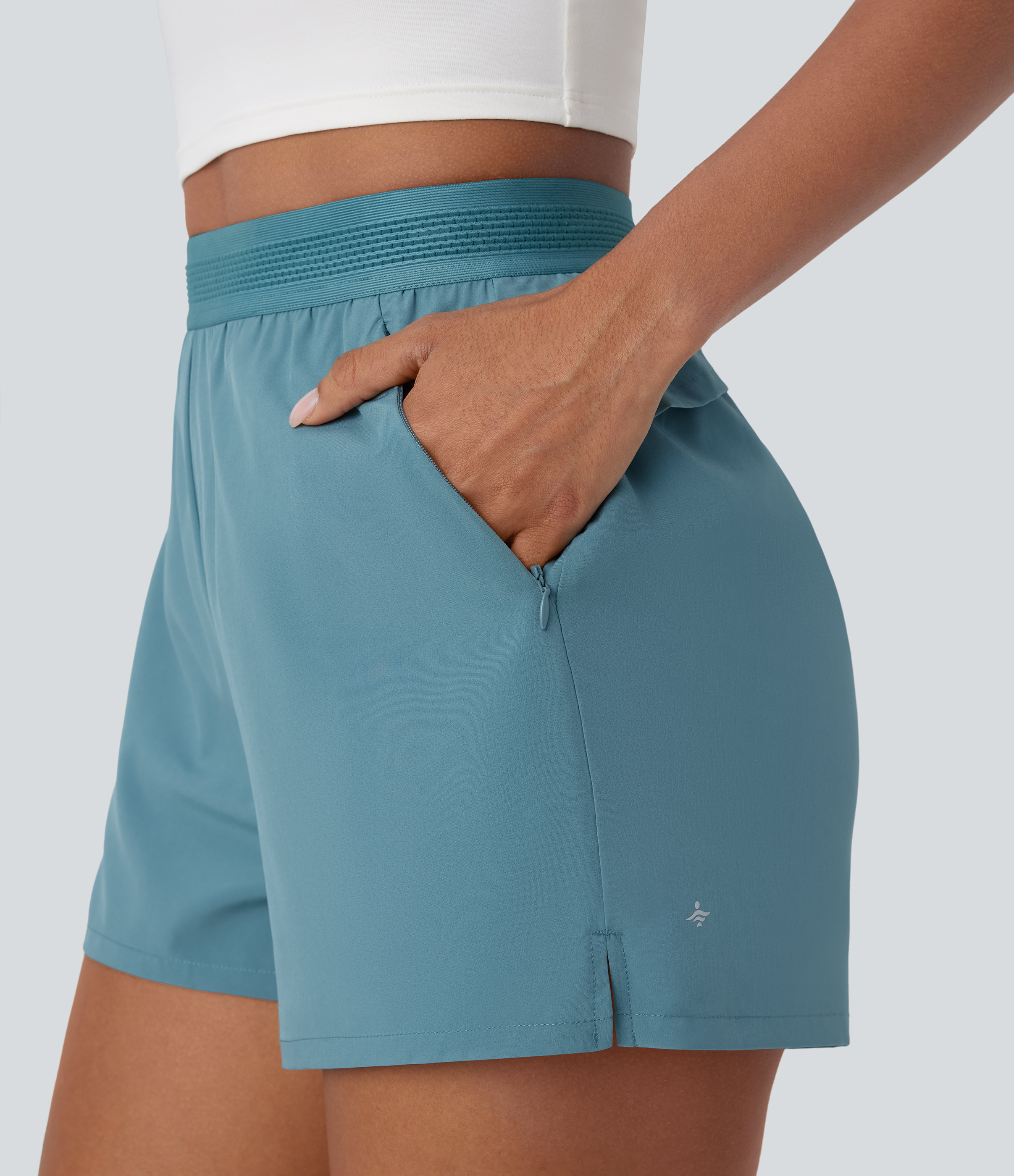 Halara Breezefulв„ў Mid High Waisted Side Zip Pocket Ruffle Split Quick Dry Running Shorts Gym Short - Mineral Blue - L booty shorts 