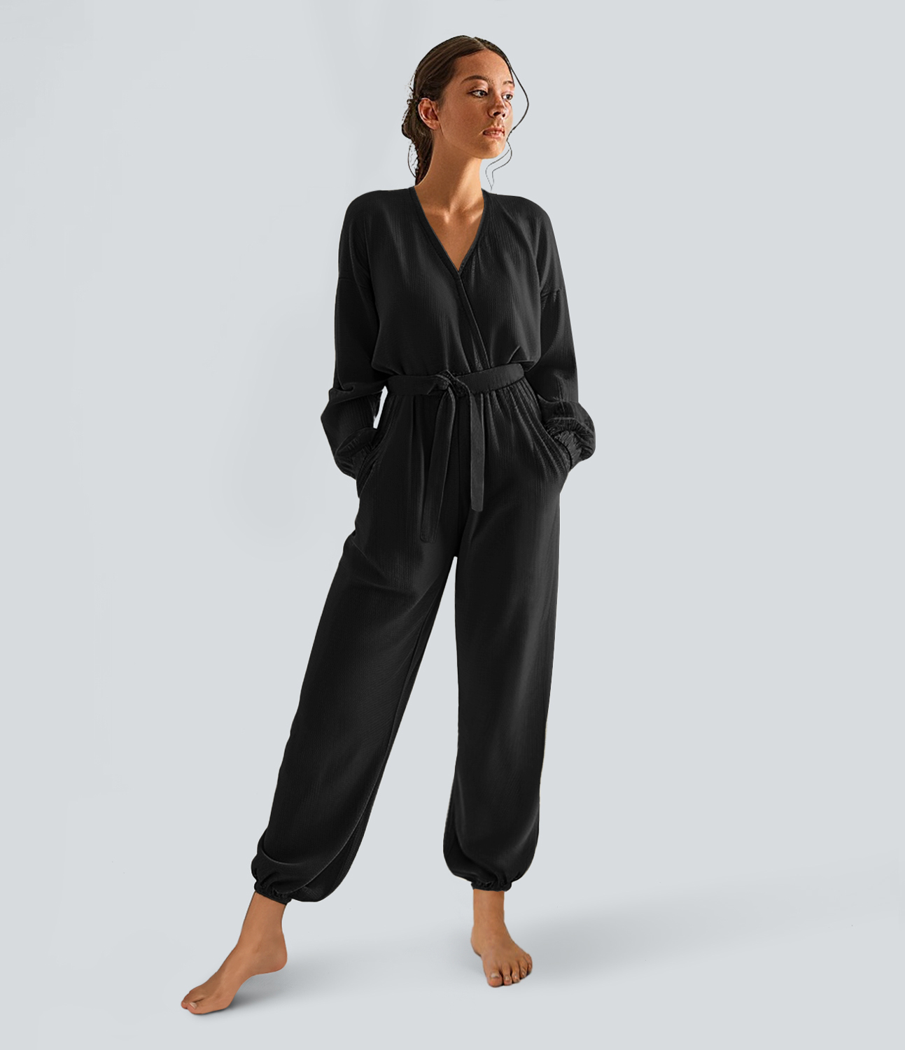 

Halara V Neck Long Sleeve Side Pocket Belted Casual Jogger Jumpsuit - Black