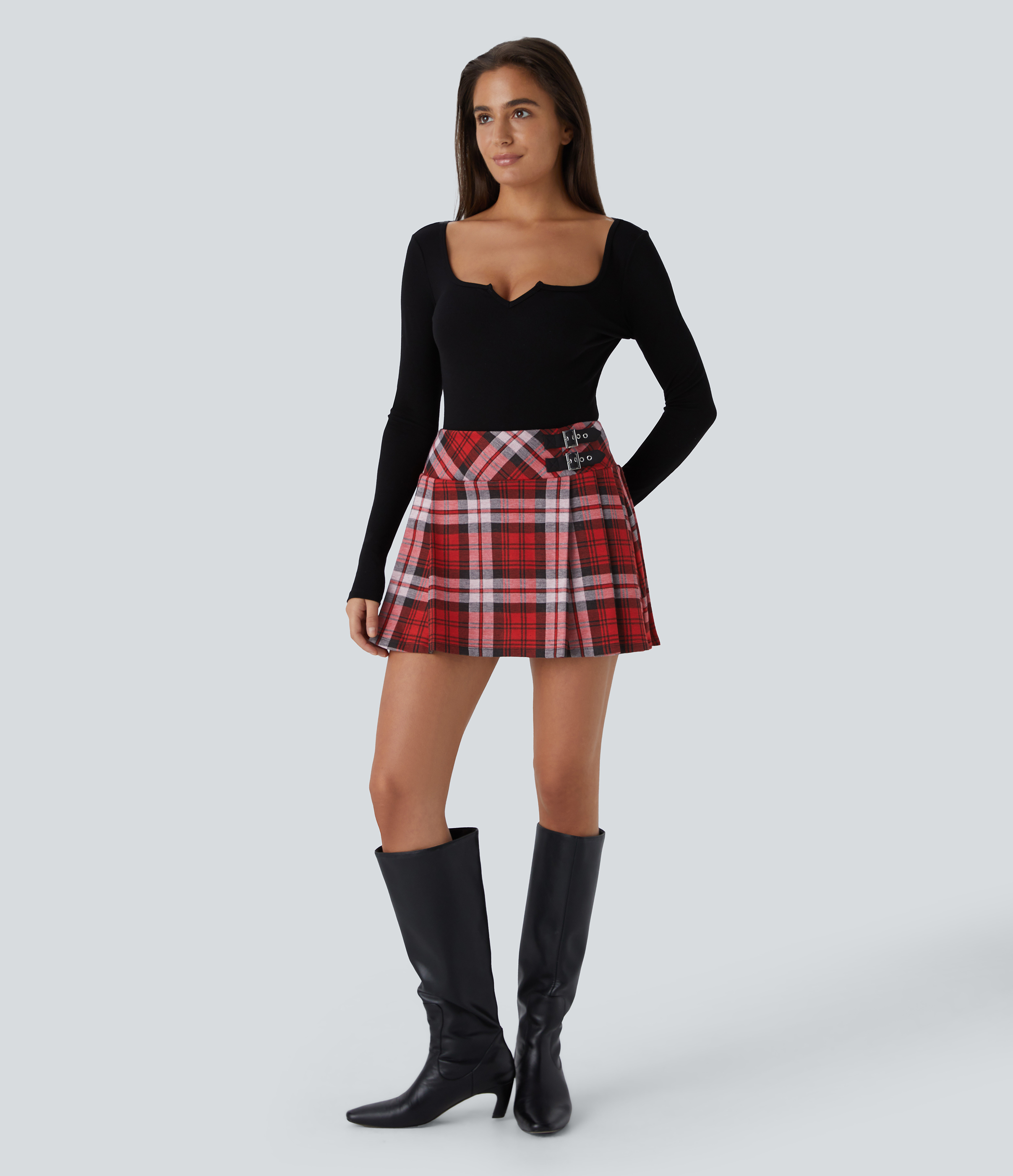Halara High Waisted Decorative Buckle 2-in-1 Plaid Pleated Mini Casual Skirt  - Light Red Plaid - S(regular) 