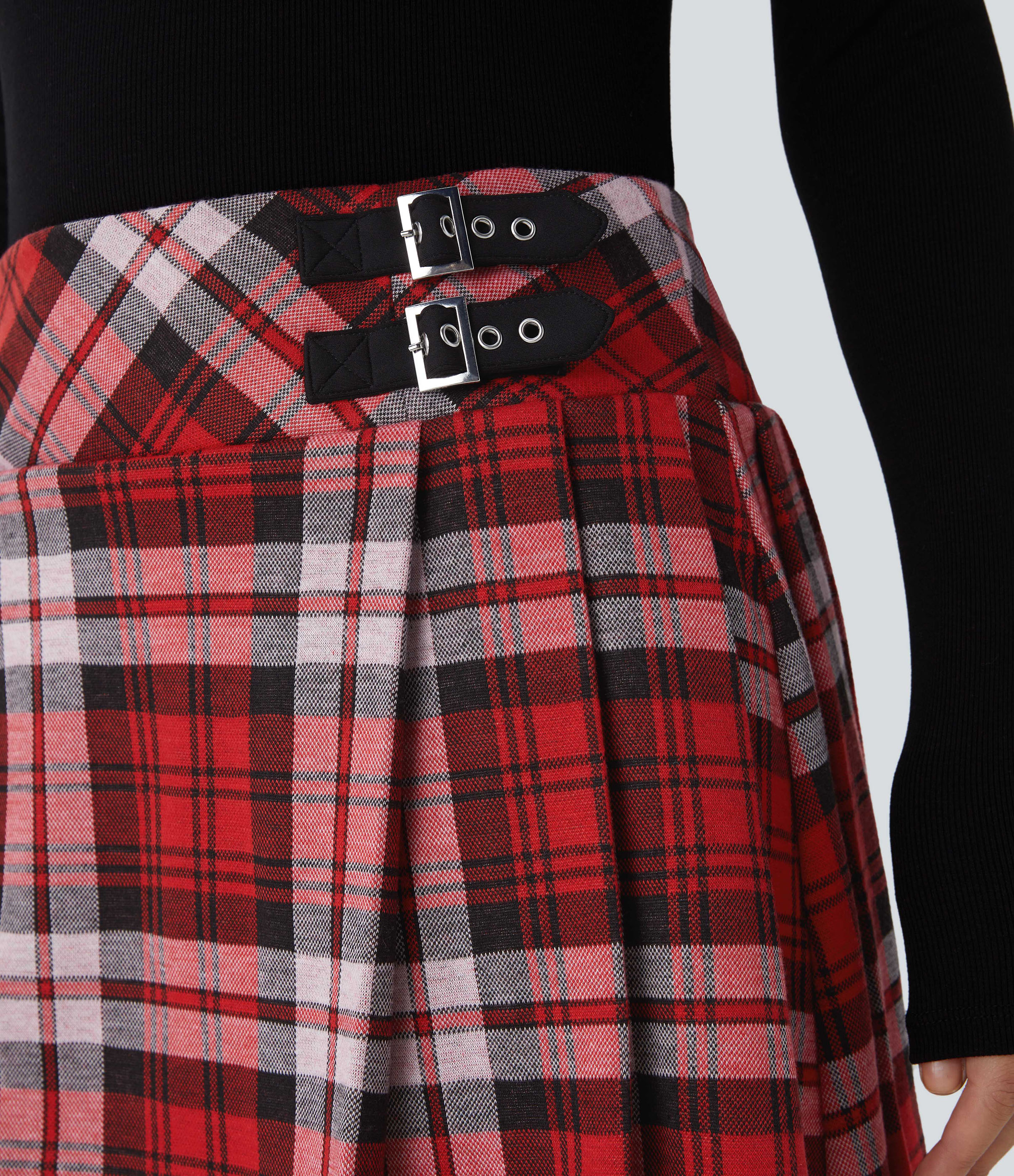 Halara High Waisted Decorative Buckle 2-in-1 Plaid Pleated Mini Casual Skirt  - Light Red Plaid - S(regular) 