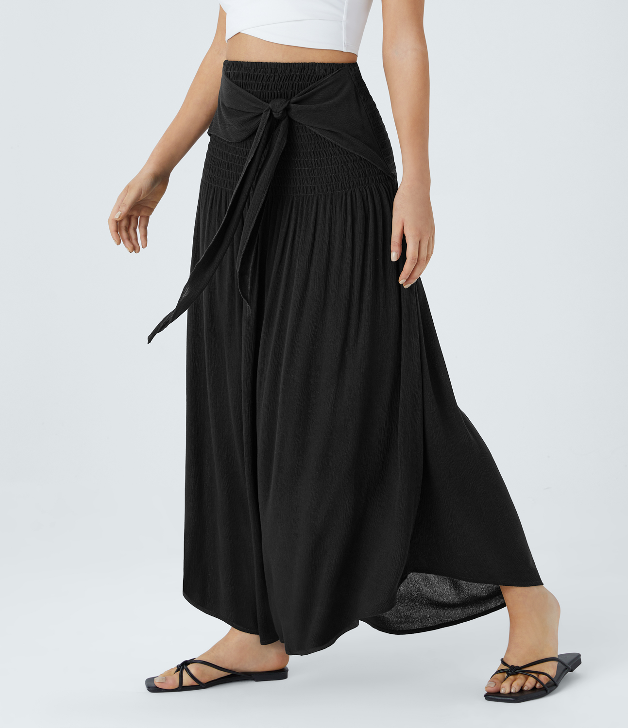 Halara High Waisted Shirred Tie Front Plicated Maxi Resort Skirt  - Black - M(regular) 