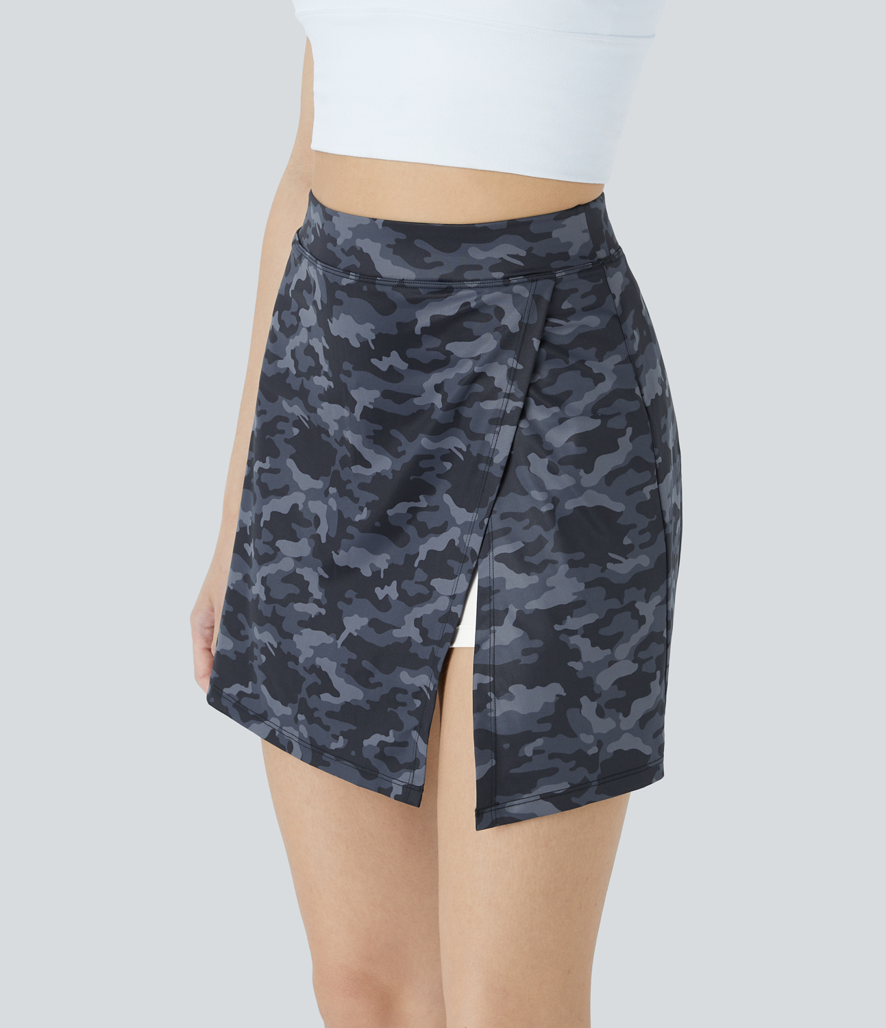 Halara High Waisted Split 2-in-1 Side Pocket Camo Print Mini Pickleball Skirt  - Dark Gray Camo - XL(regular) midi skirt a line skirt 