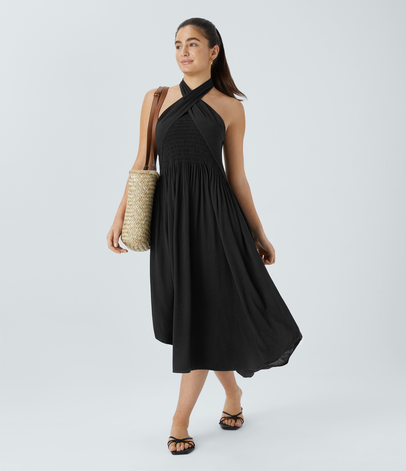 Halara High Waisted Shirred Tie Front Plicated Maxi Resort Skirt  - Black - M(regular) 