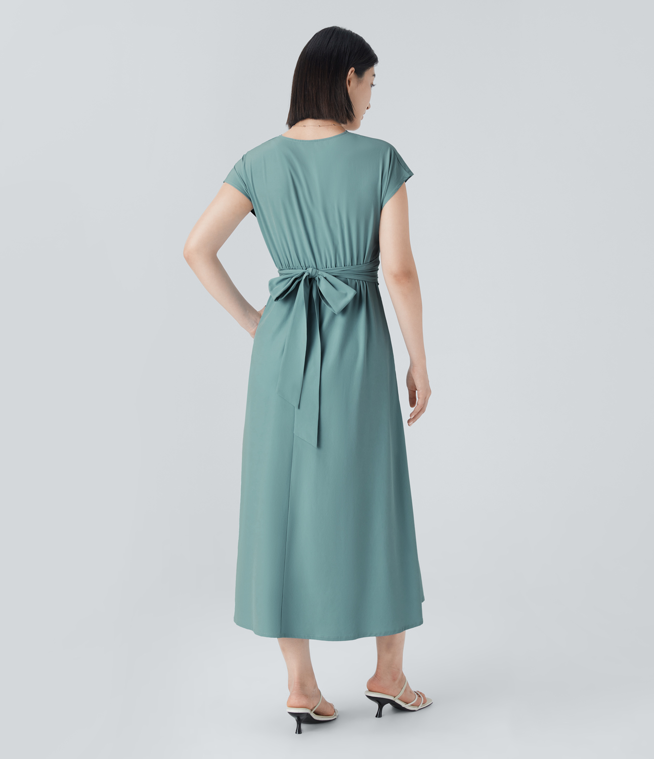 Halara Breezefulв„ў V Neck Short Sleeve Side Pocket Tie Back Quick Dry Midi Casual Dress Casual Dress - Stone Blue - XS slip dress beach dress 