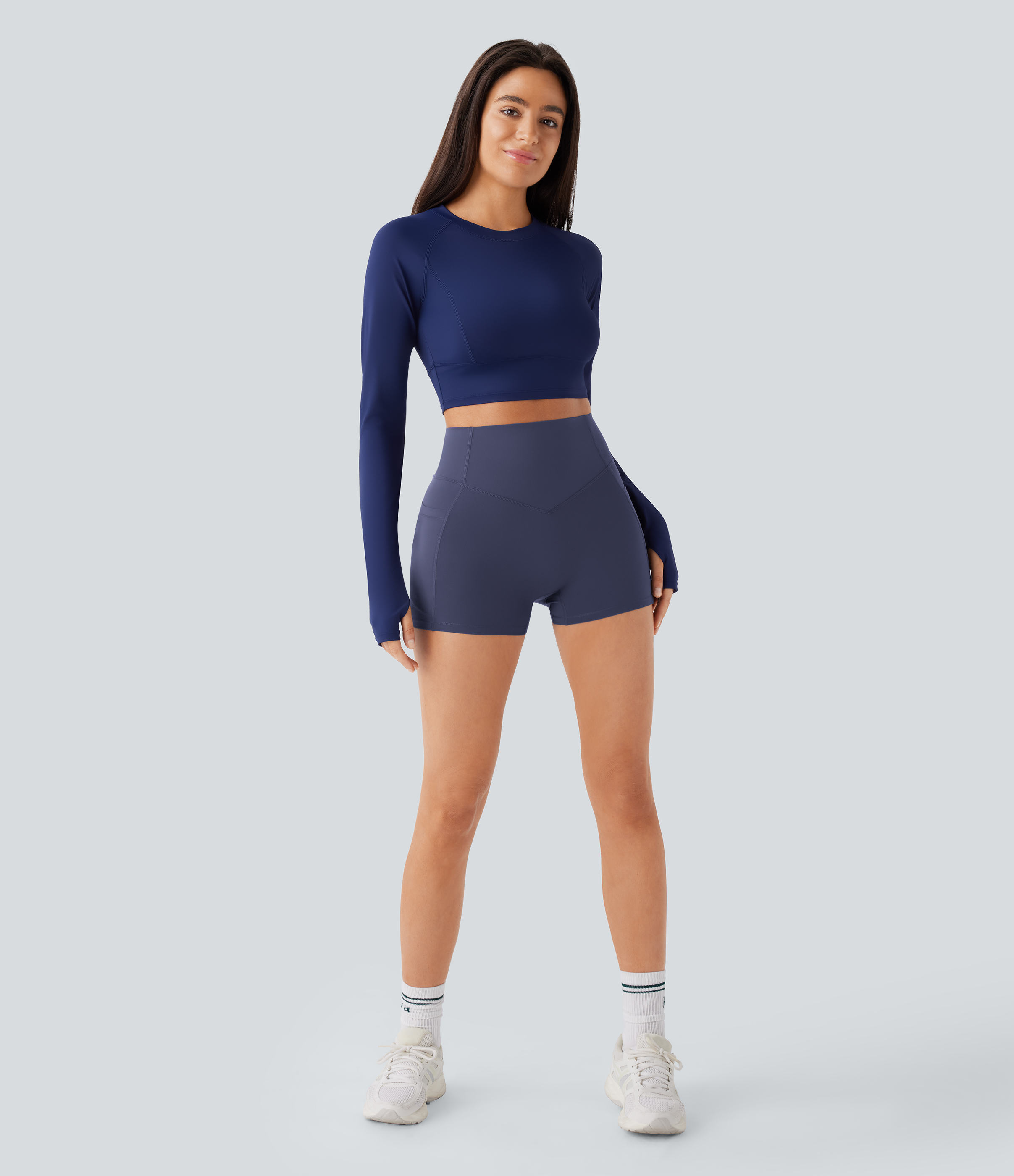 Halara SoCinched High Waisted Scrunch Butt Lifting Tummy Control Side Pocket Shaping Workout UltraSculpt Biker Shorts 3``  - Mood Indigo - S 
