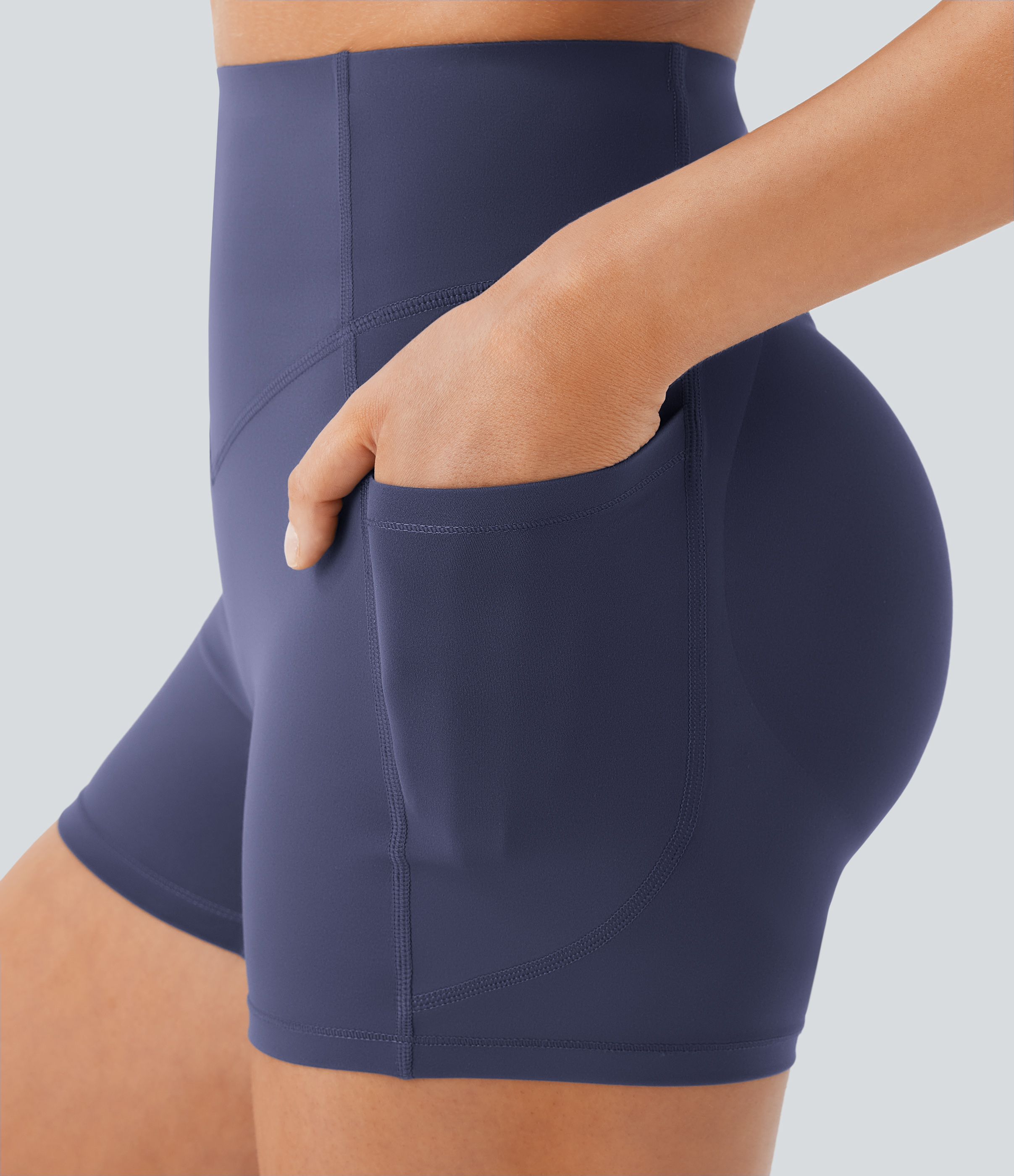 Halara SoCinched High Waisted Scrunch Butt Lifting Tummy Control Side Pocket Shaping Workout UltraSculpt Biker Shorts 3``  - Mood Indigo - S 