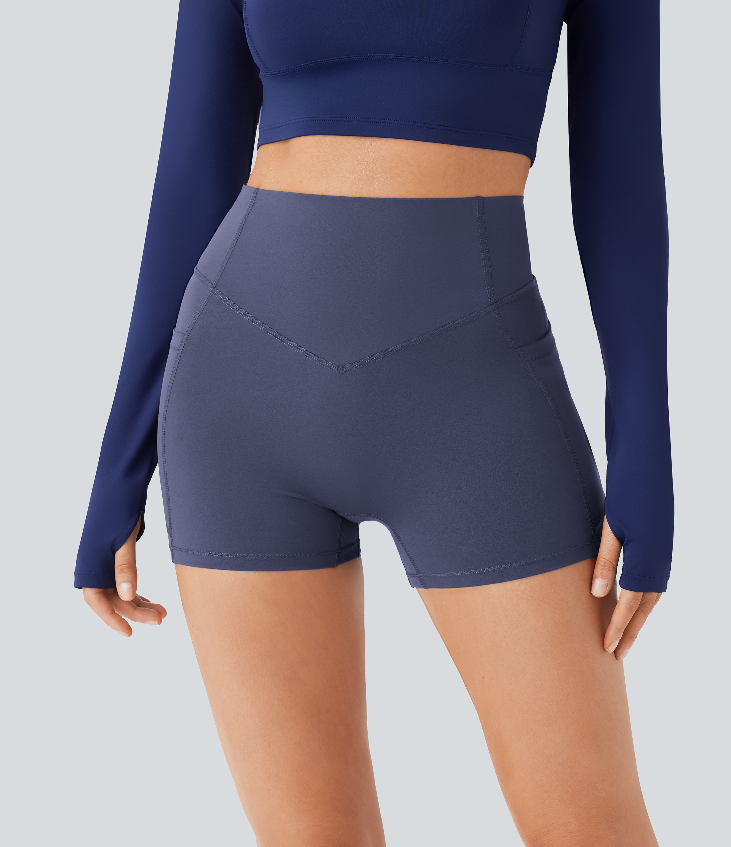 Halara SoCinched High Waisted Scrunch Butt Lifting Tummy Control Side Pocket Shaping Workout UltraSculpt Biker Shorts 3``  - Mood Indigo - S 