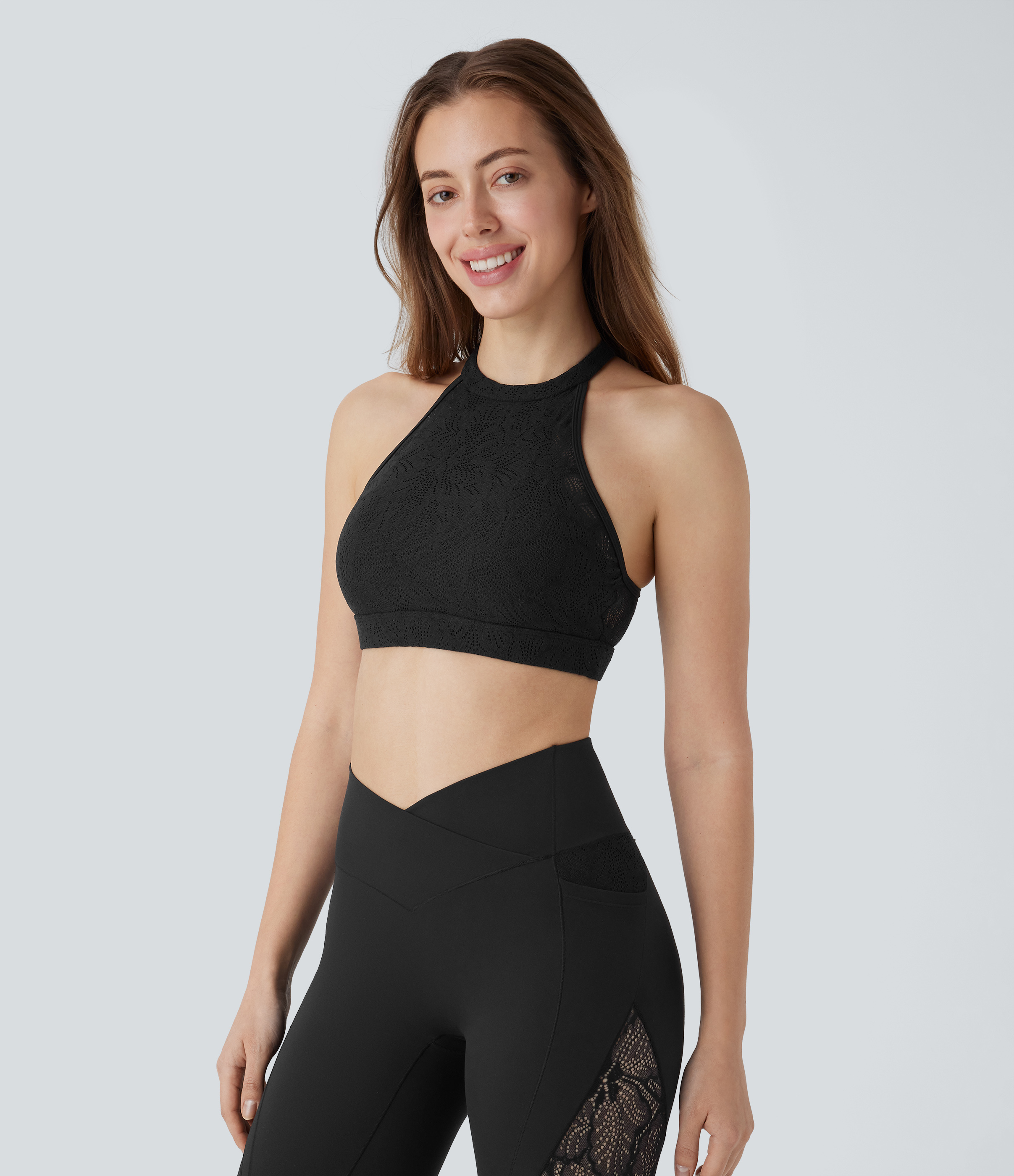 Halara Softlyzeroв„ў Low Support Halter Backless Contrast Lace Yoga Sports Bra-UPF50+  - Black - XL push up bra strapless bra backless bra 