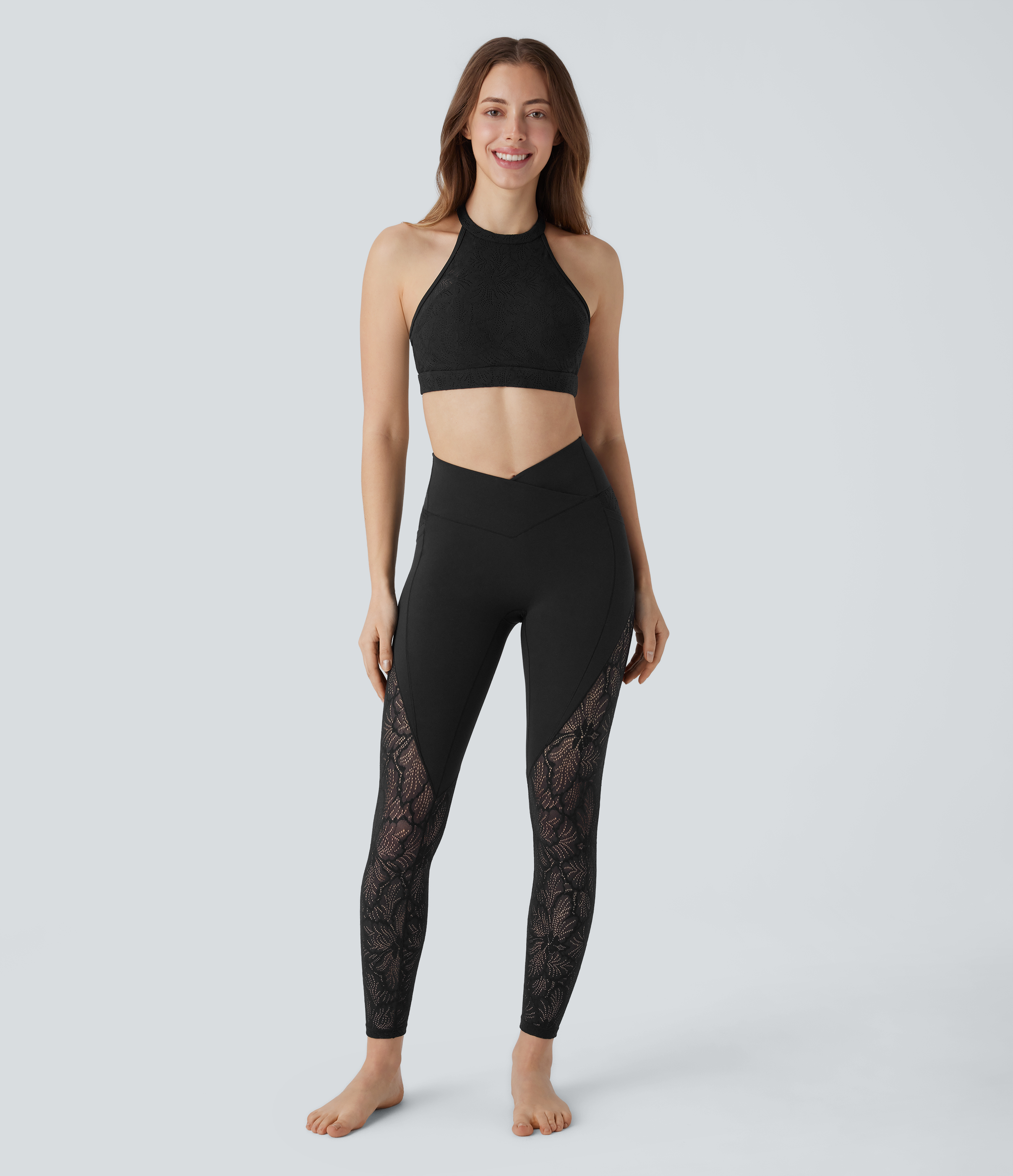 Halara Softlyzeroв„ў Low Support Halter Backless Contrast Lace Yoga Sports Bra-UPF50+  - Black - XL push up bra strapless bra backless bra 