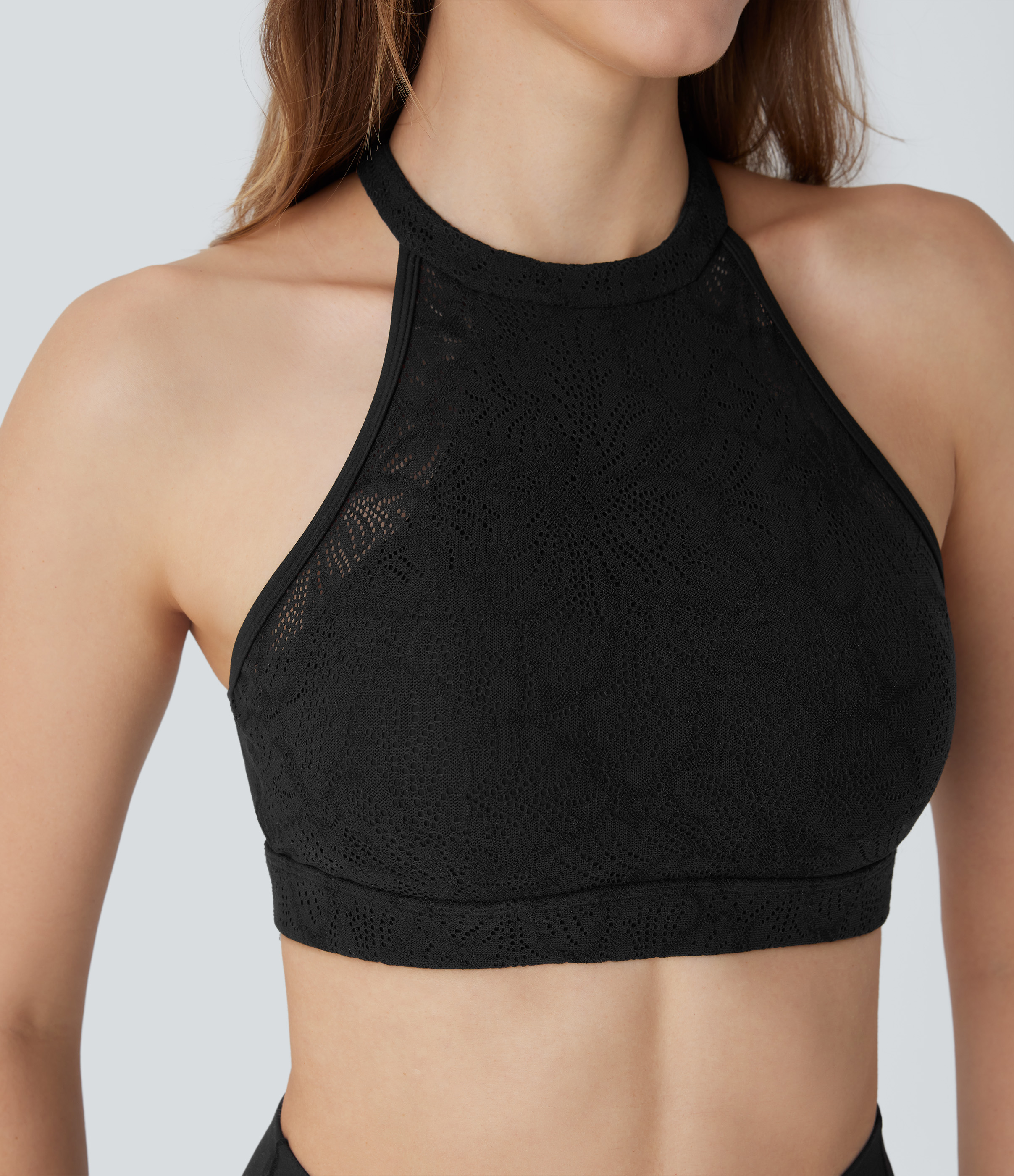 Halara Softlyzeroв„ў Low Support Halter Backless Contrast Lace Yoga Sports Bra-UPF50+  - Black - XL push up bra strapless bra backless bra 