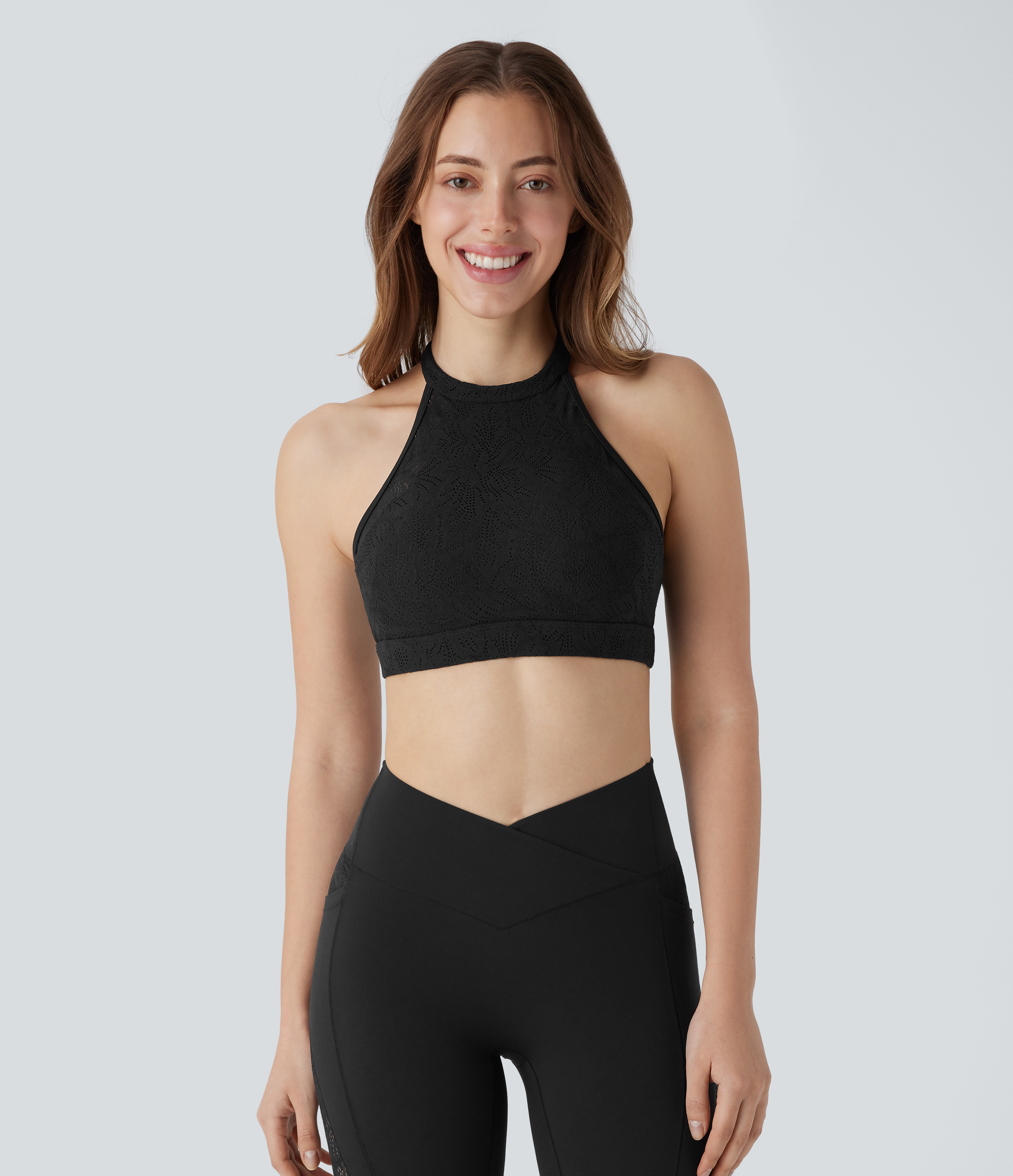 Halara Softlyzeroв„ў Low Support Halter Backless Contrast Lace Yoga Sports Bra-UPF50+  - Black - XL push up bra strapless bra backless bra 