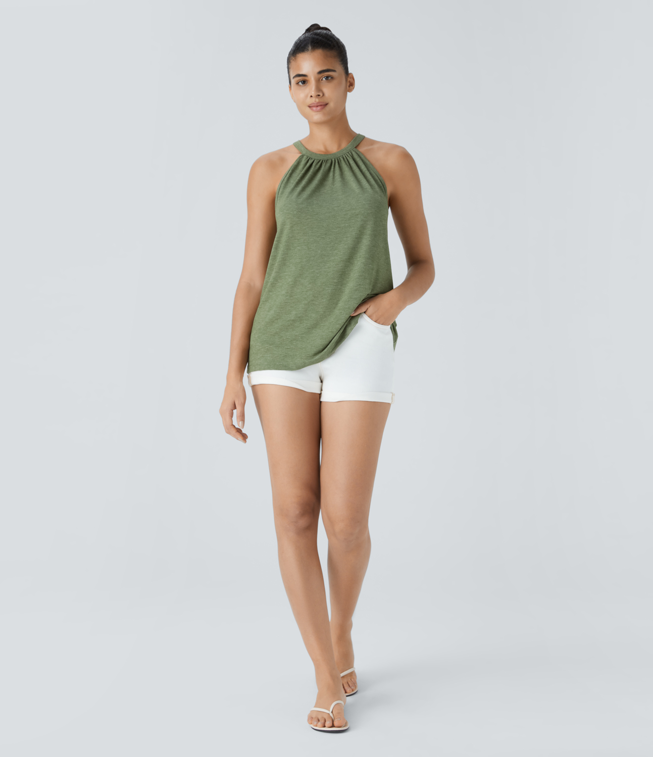 Halara Round Neck Plicated Casual Tank Top Tank Top - Light Green Floral Yarn - M golf tops halter top tunic tops sleeveless tops 
