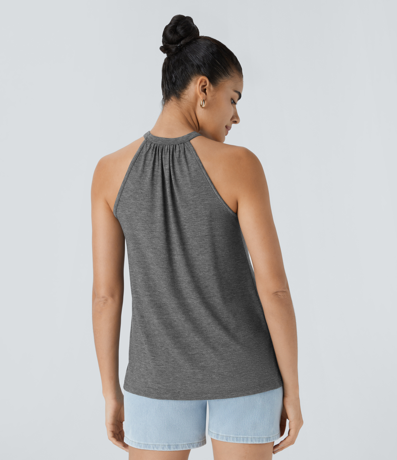 Halara Round Neck Plicated Casual Tank Top Tank Top - Darl Gray Floral Yarn - XS golf tops halter top tunic tops sleeveless tops backless top 