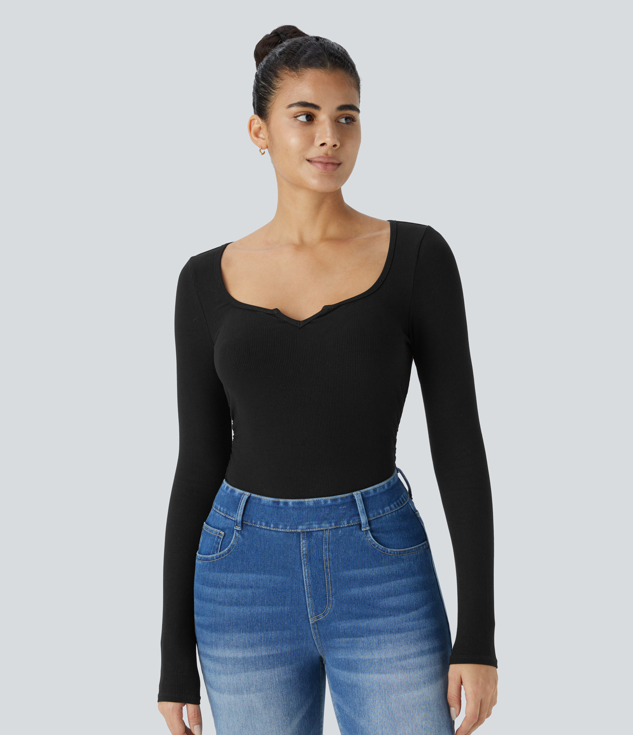 Halara Ribbed Knit Notched Long Sleeve Ruched Curved Hem Skinny Casual Top Tank Top - Black - L golf tops halter top tunic tops 