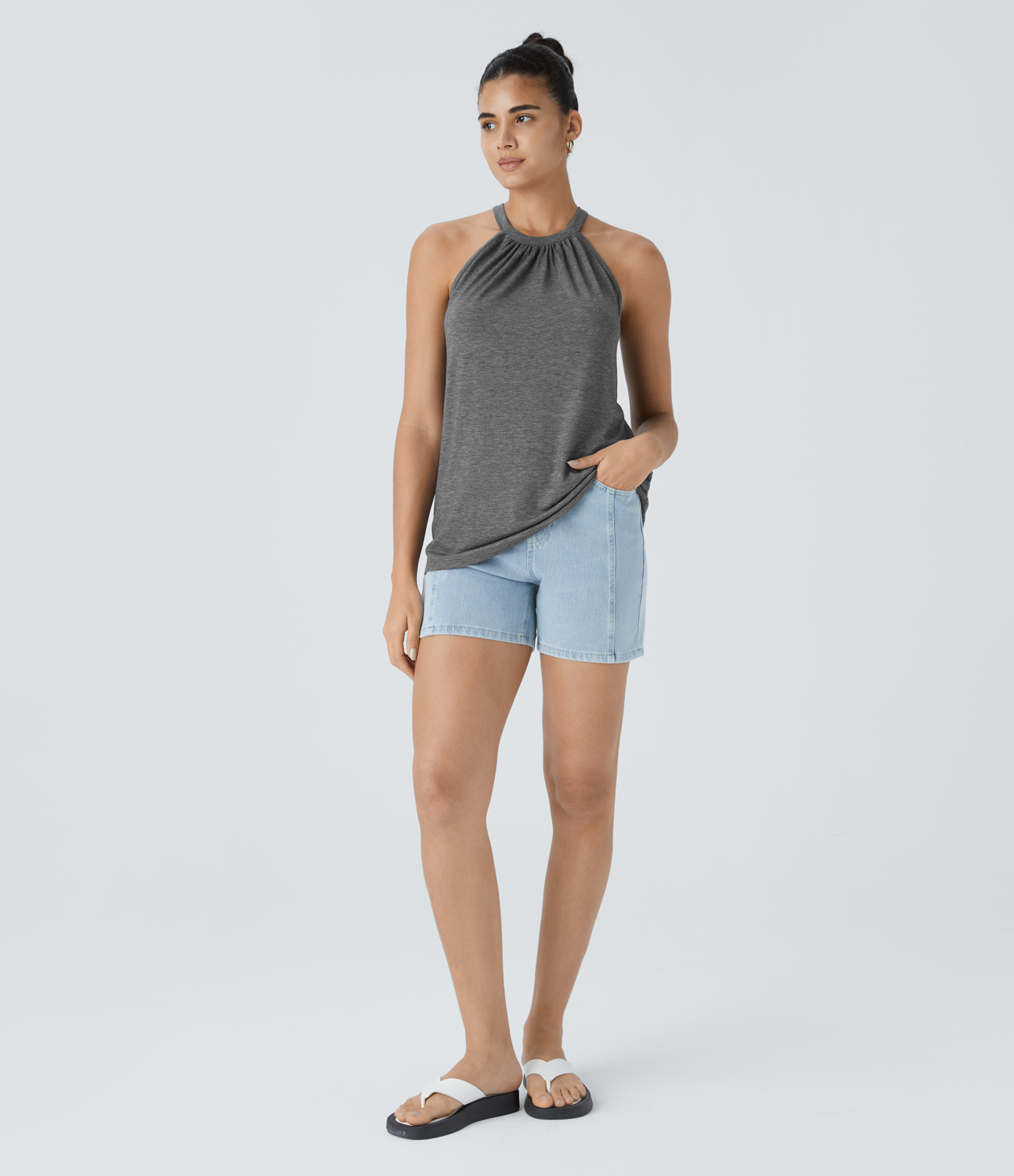 Halara Round Neck Plicated Casual Tank Top Tank Top - Darl Gray Floral Yarn - XS golf tops halter top tunic tops sleeveless tops backless top 