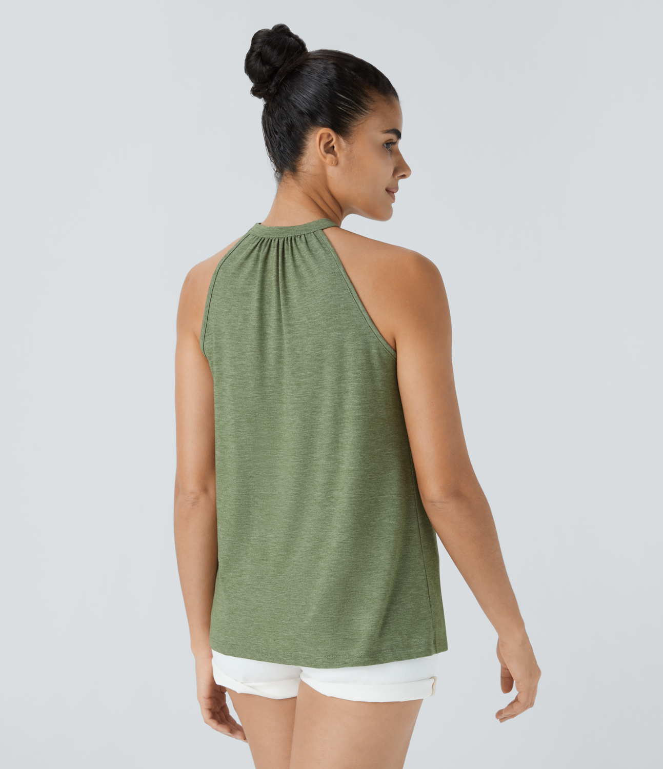 Halara Round Neck Plicated Casual Tank Top Tank Top - Light Green Floral Yarn - M golf tops halter top tunic tops sleeveless tops 