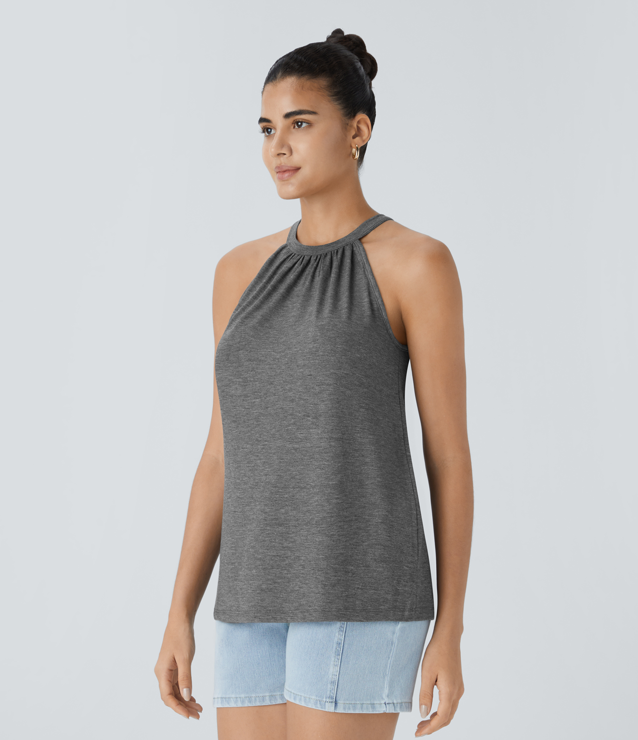 Halara Round Neck Plicated Casual Tank Top Tank Top - Darl Gray Floral Yarn - XS golf tops halter top tunic tops sleeveless tops backless top 