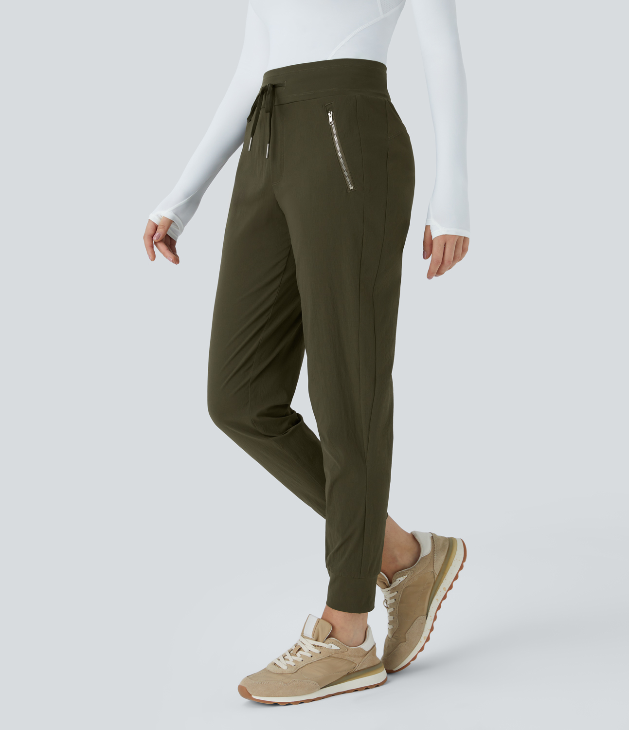 Halara Wear-Resistant Mid Rise Drawstring Side Zipper Pocket Casual Joggers  - Twilight Green - S(regular) 