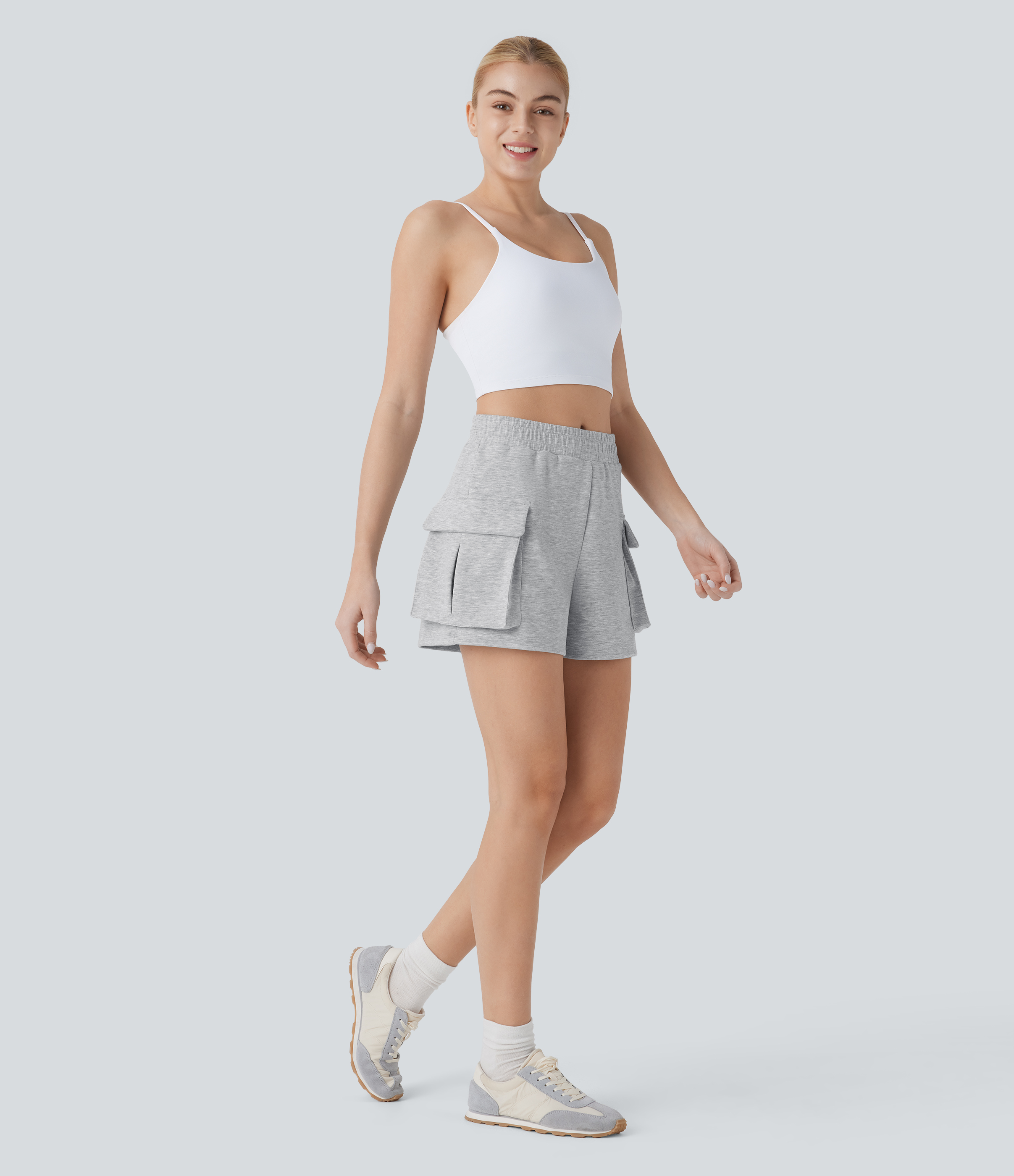Halara High Waisted Flap Pocket Yoga Cargo Shorts Gym Short - Fog Gray - XS booty shorts compression shorts yoga shorts 