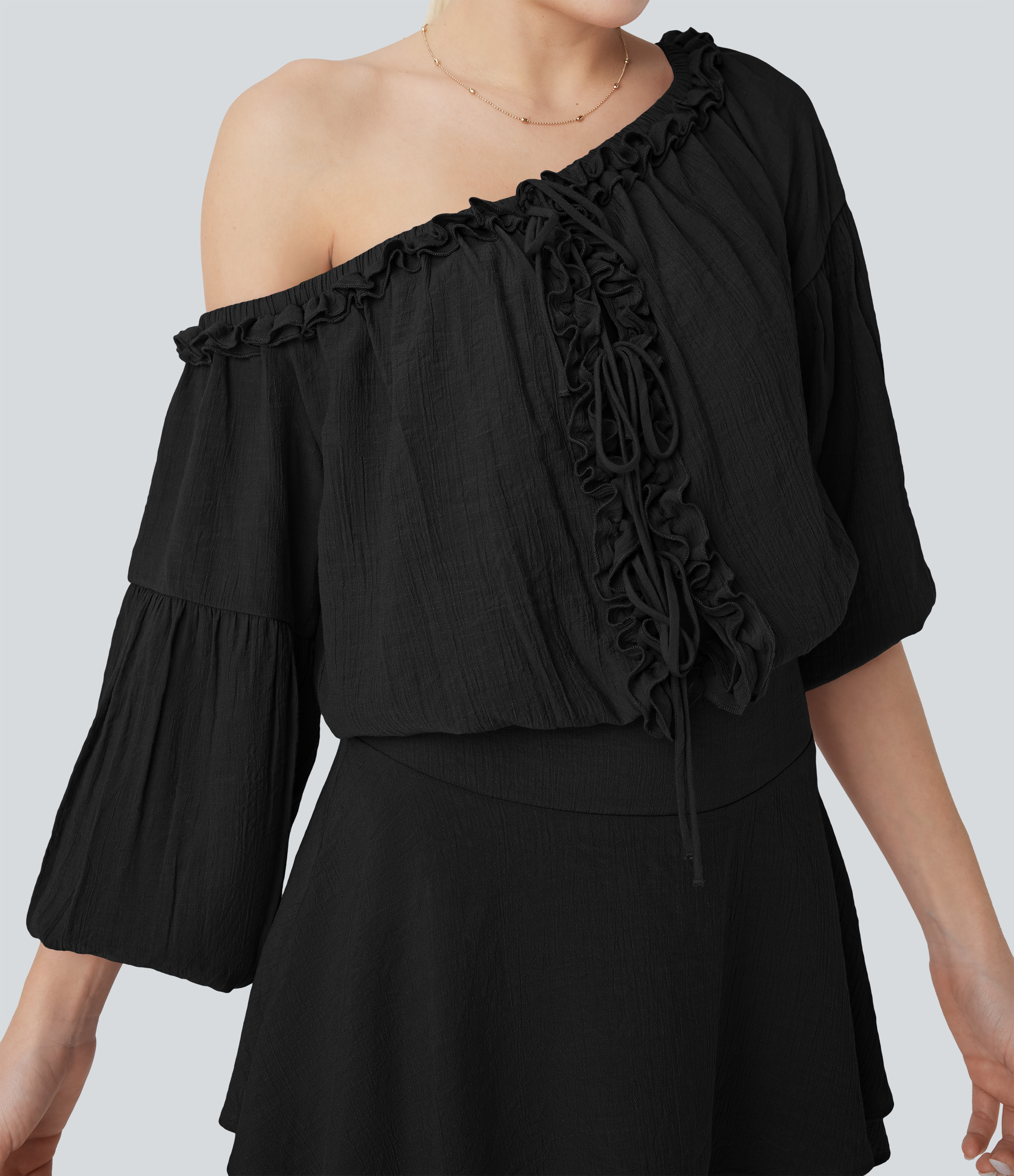 Halara Frill Off Shoulder Long Sleeve Lace Up Invisible Zipper Tiered Mini Resort Dress Casual Dress - Black - XL slip dress beach dress 