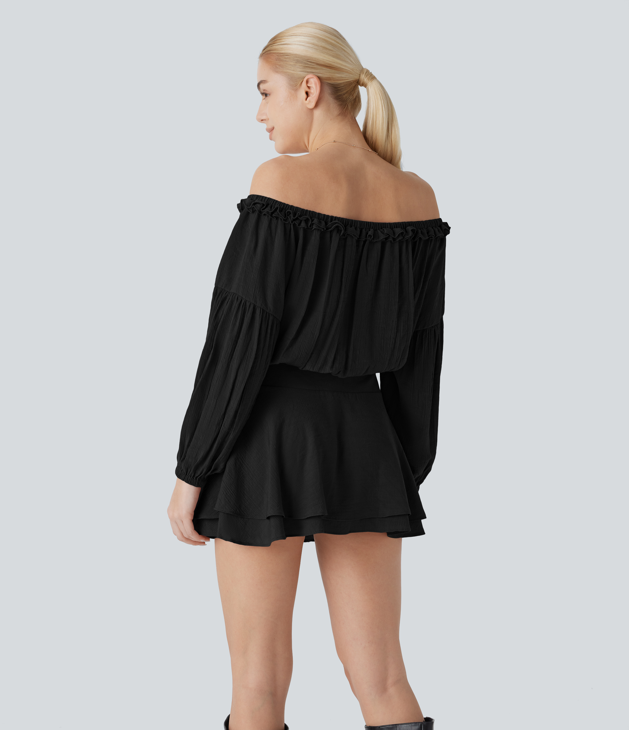 Halara Frill Off Shoulder Long Sleeve Lace Up Invisible Zipper Tiered Mini Resort Dress Casual Dress - Black - XL slip dress beach dress 