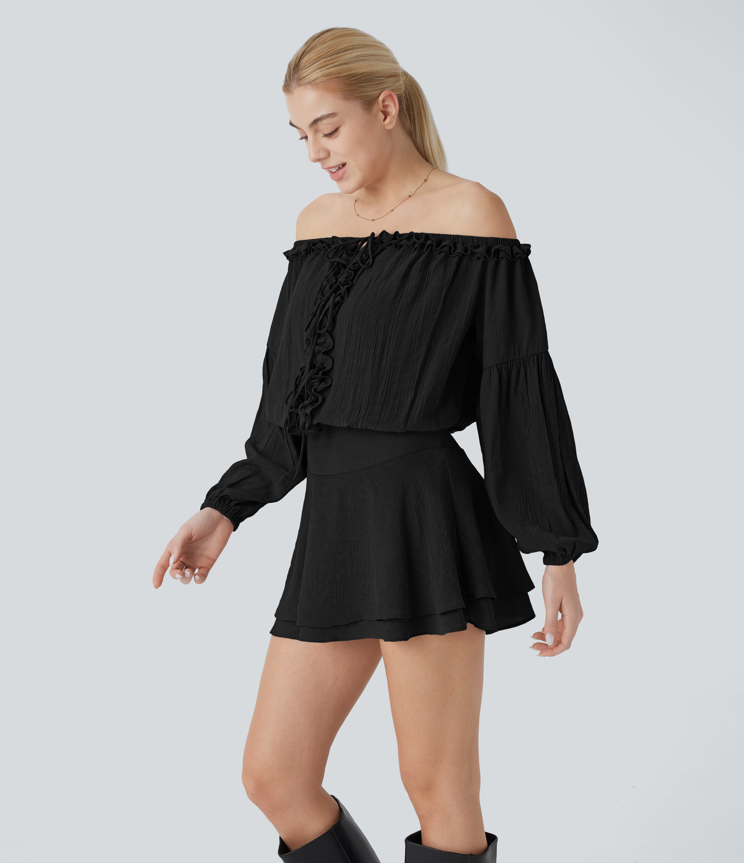 Halara Frill Off Shoulder Long Sleeve Lace Up Invisible Zipper Tiered Mini Resort Dress Casual Dress - Black - XL slip dress beach dress 