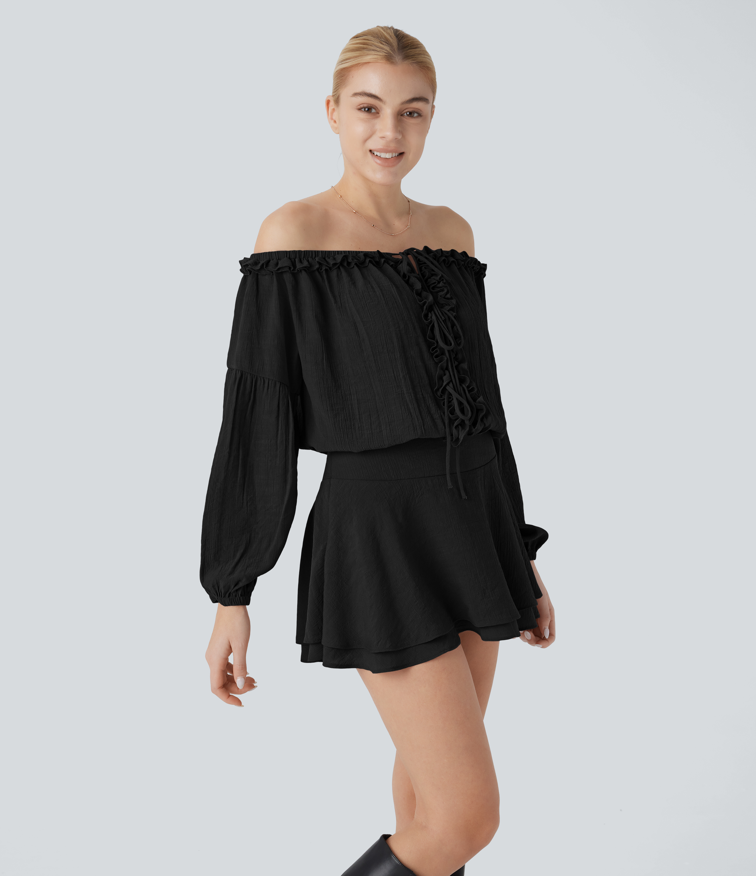 Halara Frill Off Shoulder Long Sleeve Lace Up Invisible Zipper Tiered Mini Resort Dress Casual Dress - Black - XL slip dress beach dress 