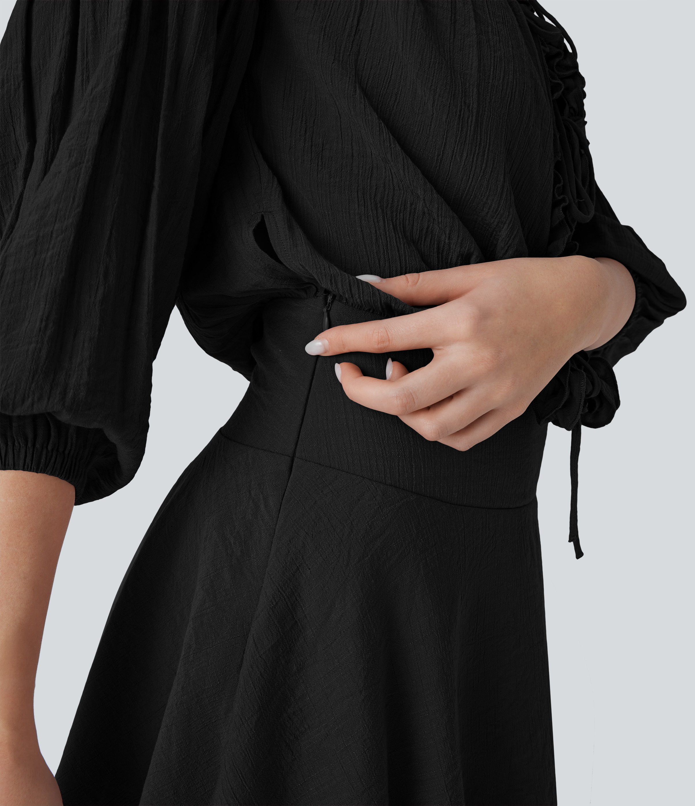 Halara Frill Off Shoulder Long Sleeve Lace Up Invisible Zipper Tiered Mini Resort Dress Casual Dress - Black - XL slip dress beach dress 