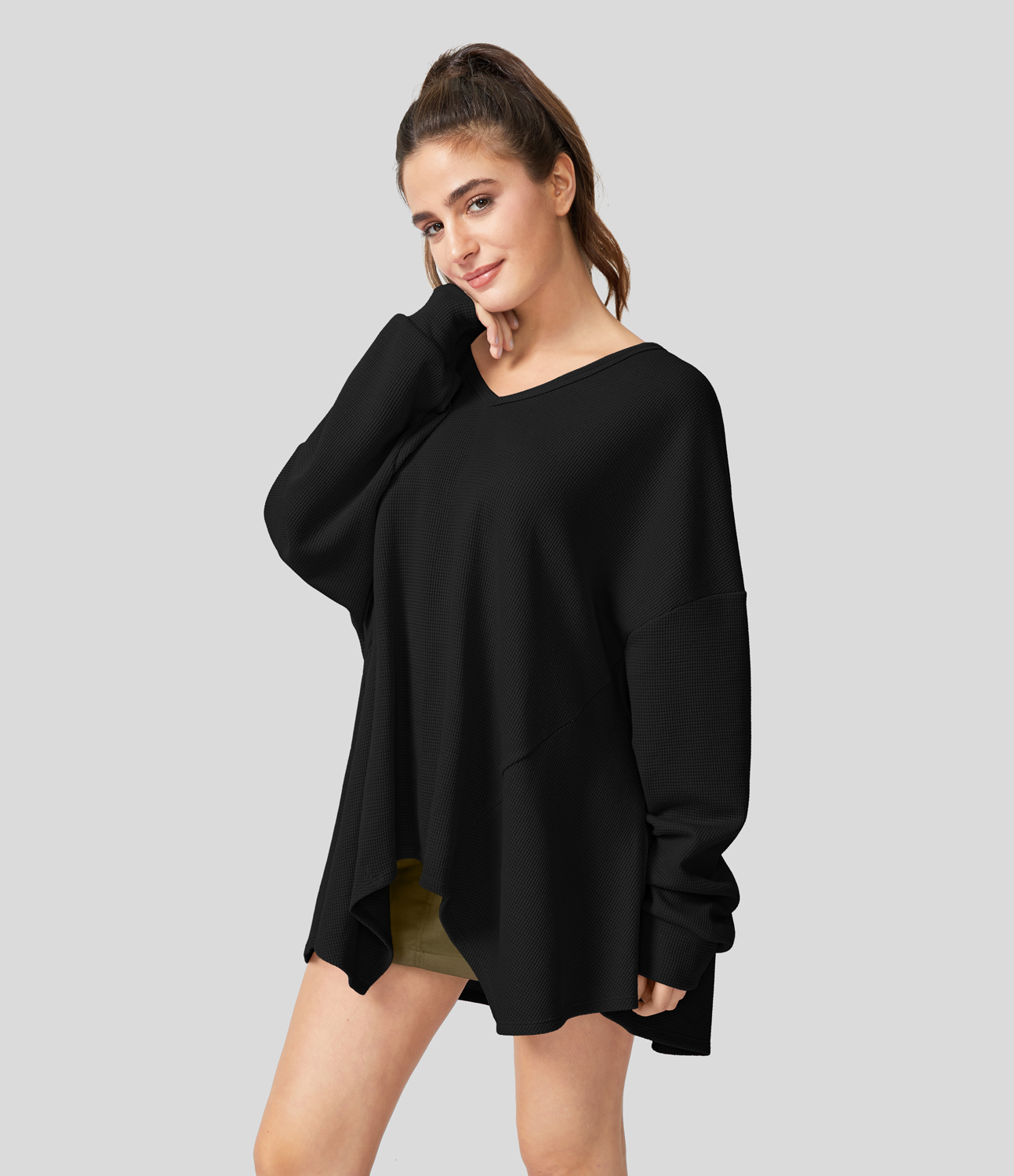 

Halara Oversize V Neck Long Sleeve Asymmetric Hem Waffle Casual Cotton Sweatshirt - Black