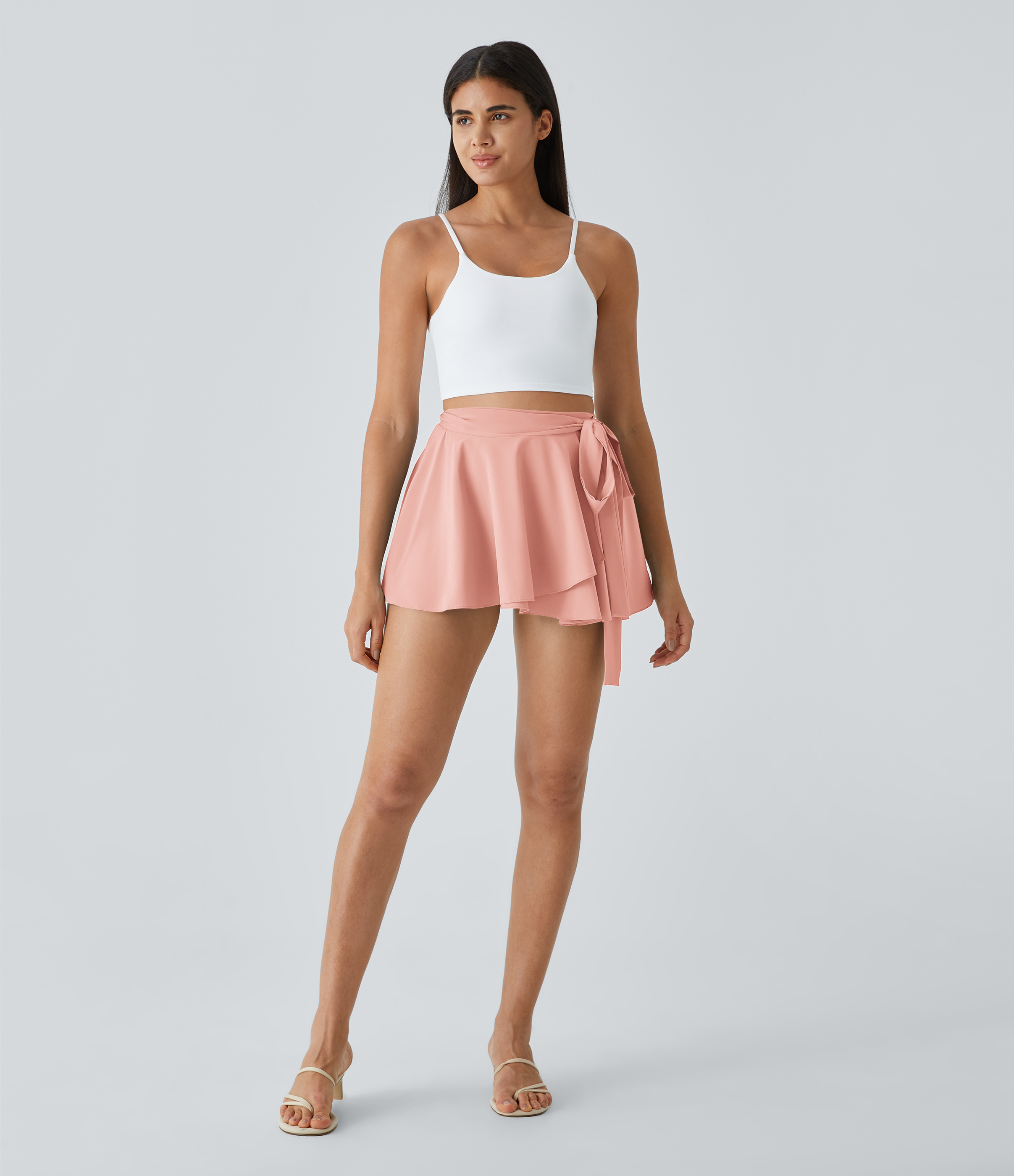 Halara Breezefulв„ў High Waisted Tie Side 2-in-1 Side Pocket Flowy Micro Mini Flare Quick Dry Casual Skirt  - Peach Melba - L(regular) 