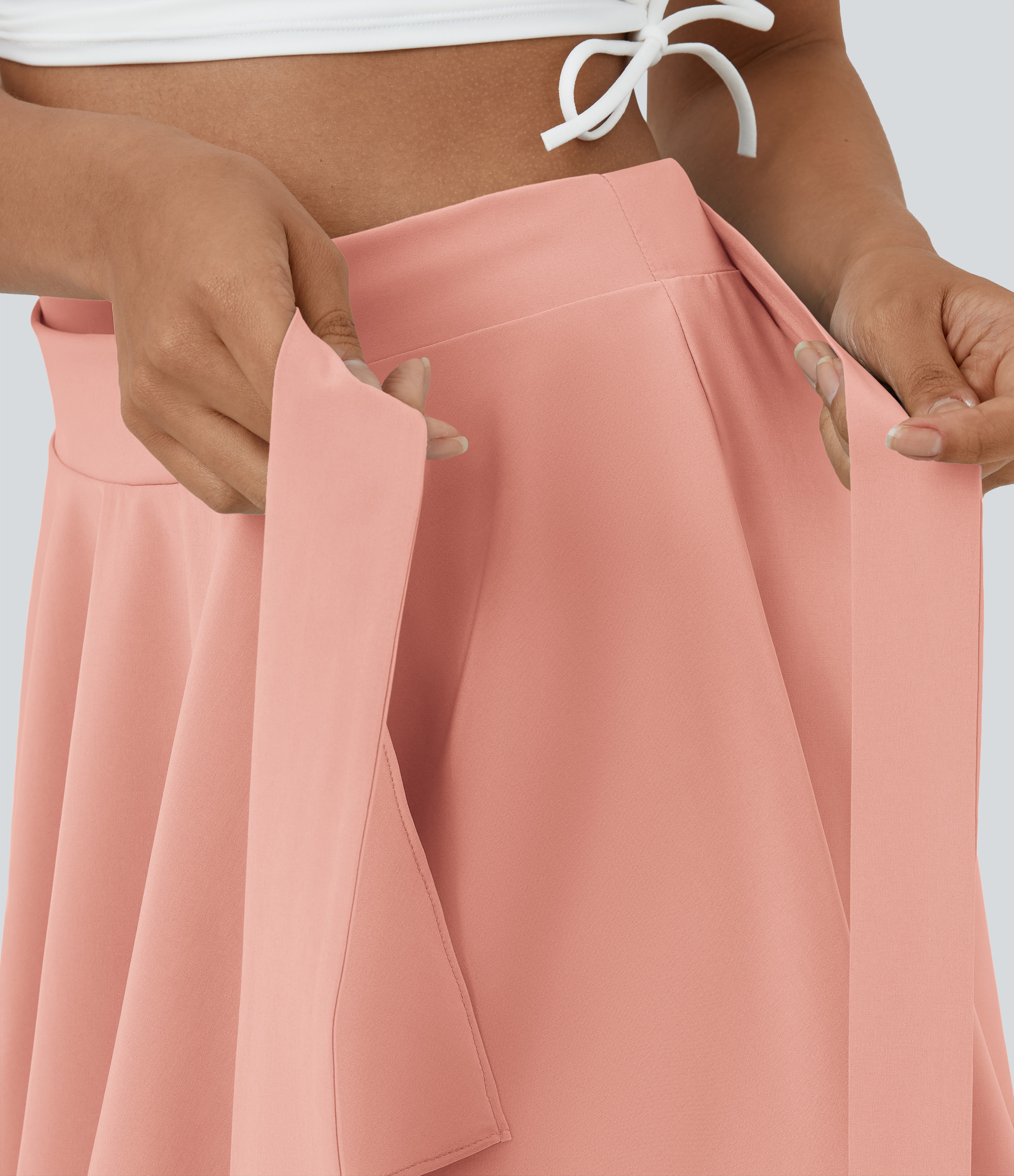 Halara Breezefulв„ў High Waisted Tie Side 2-in-1 Side Pocket Flowy Micro Mini Flare Quick Dry Casual Skirt  - Peach Melba - L(regular) 