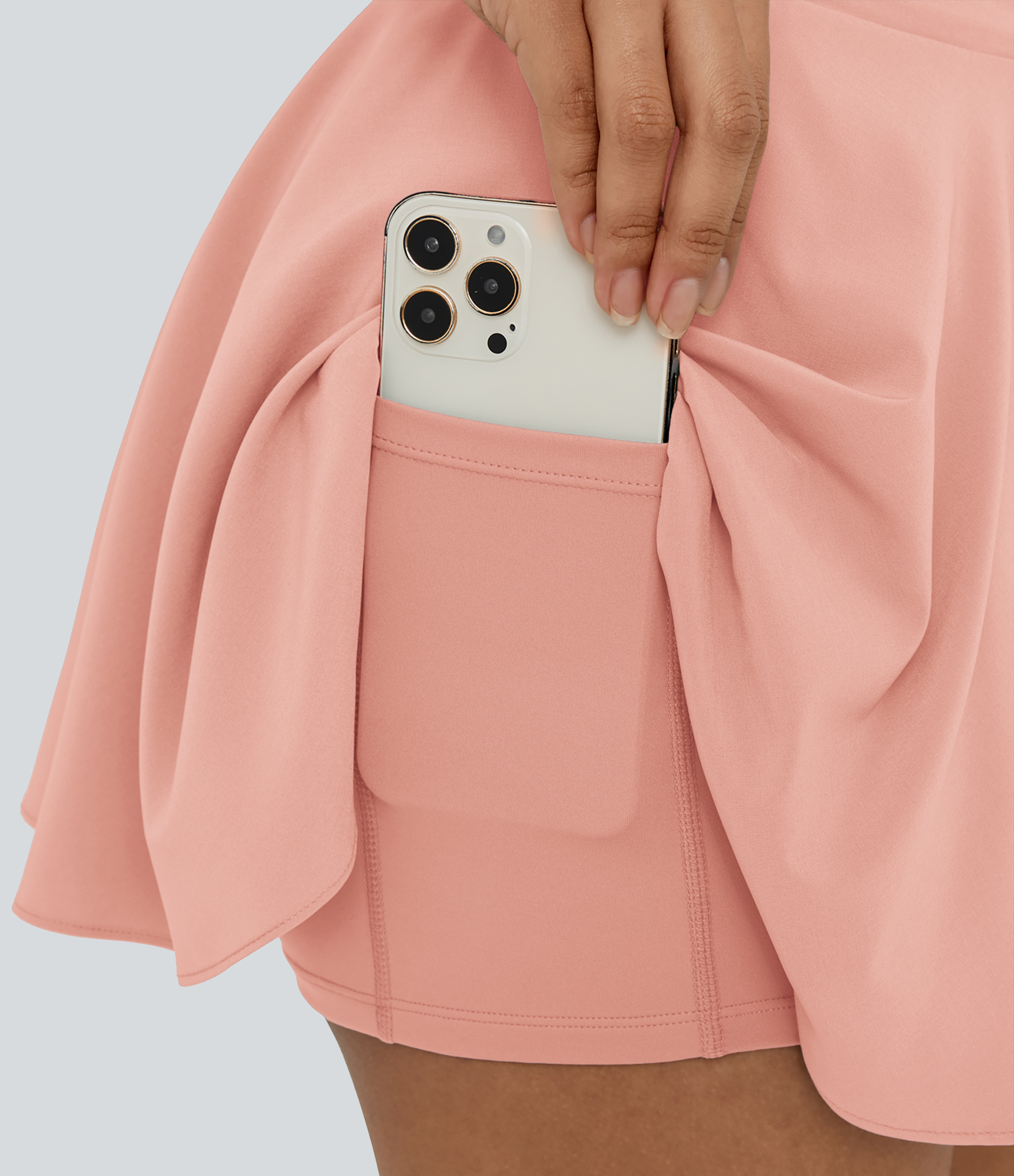 Halara Breezefulв„ў High Waisted Tie Side 2-in-1 Side Pocket Flowy Micro Mini Flare Quick Dry Casual Skirt  - Peach Melba - L(regular) 