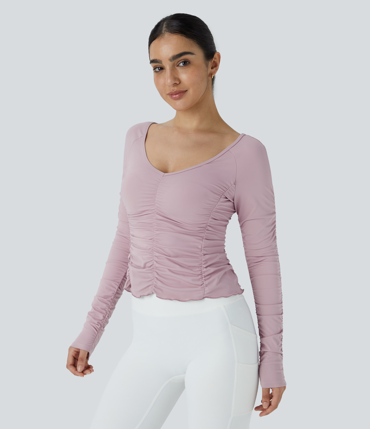 Halara V Neck Long Sleeve Ruched Yoga Sports Top  - Pink Purple - XS 