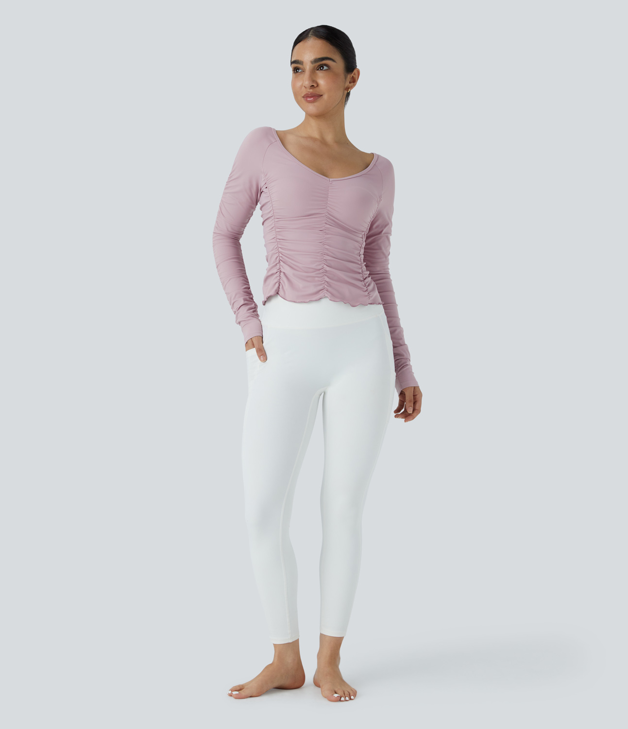 Halara V Neck Long Sleeve Ruched Yoga Sports Top  - Pink Purple - XS 