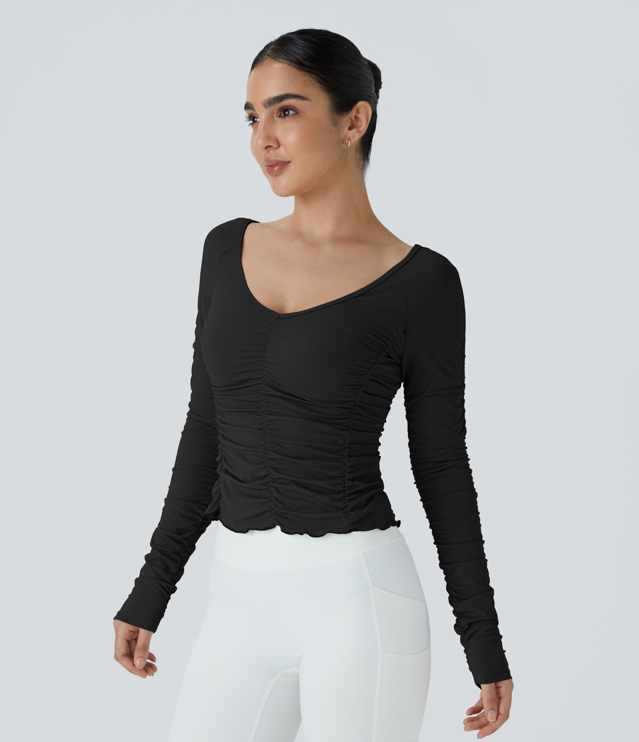 Halara V Neck Long Sleeve Ruched Yoga Sports Top  - Black - M 