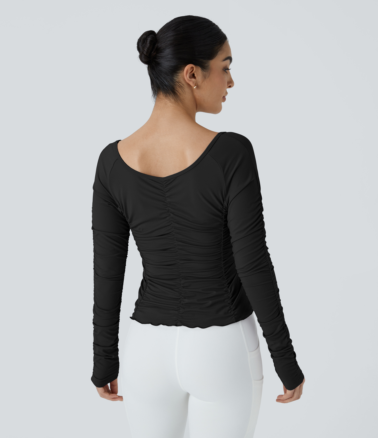 Halara V Neck Long Sleeve Ruched Yoga Sports Top  - Black - M 