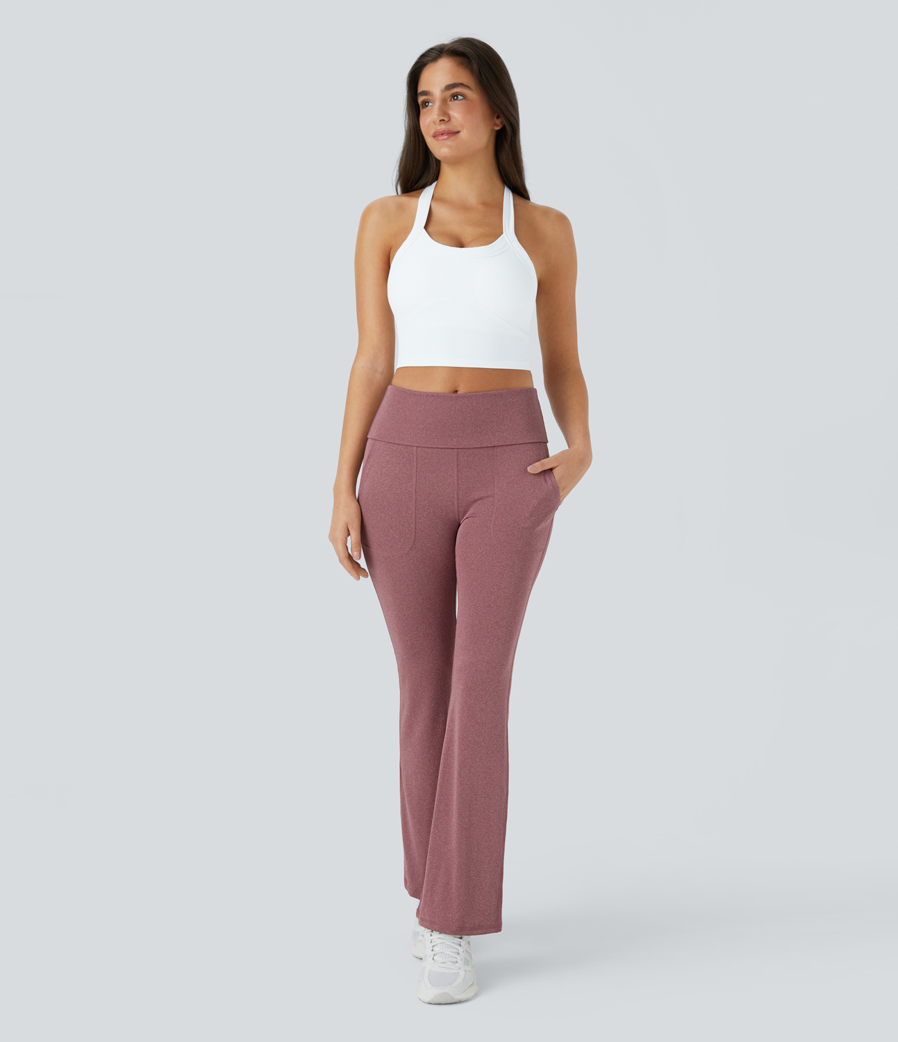 Halara Super High Waisted Foldover Pocket Full Length Flare Leggings  - Mottled Begonia - M gym leggings leggings with pockets 