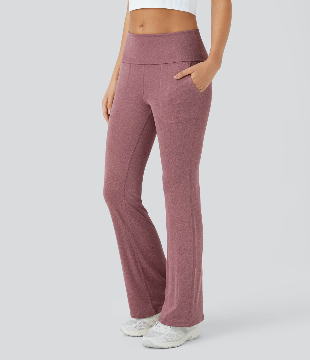 Halara Super High Waisted Foldover Pocket Full Length Flare Leggings  - Mottled Begonia - M gym leggings leggings with pockets 