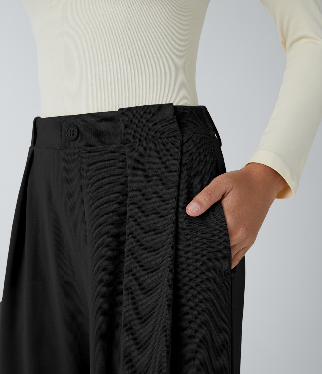 Halara High Waisted Decorative Button Plicated Side Pocket Wide Leg Waffle Work Pants  - Black - S(regular) sweatpants jogger pants 