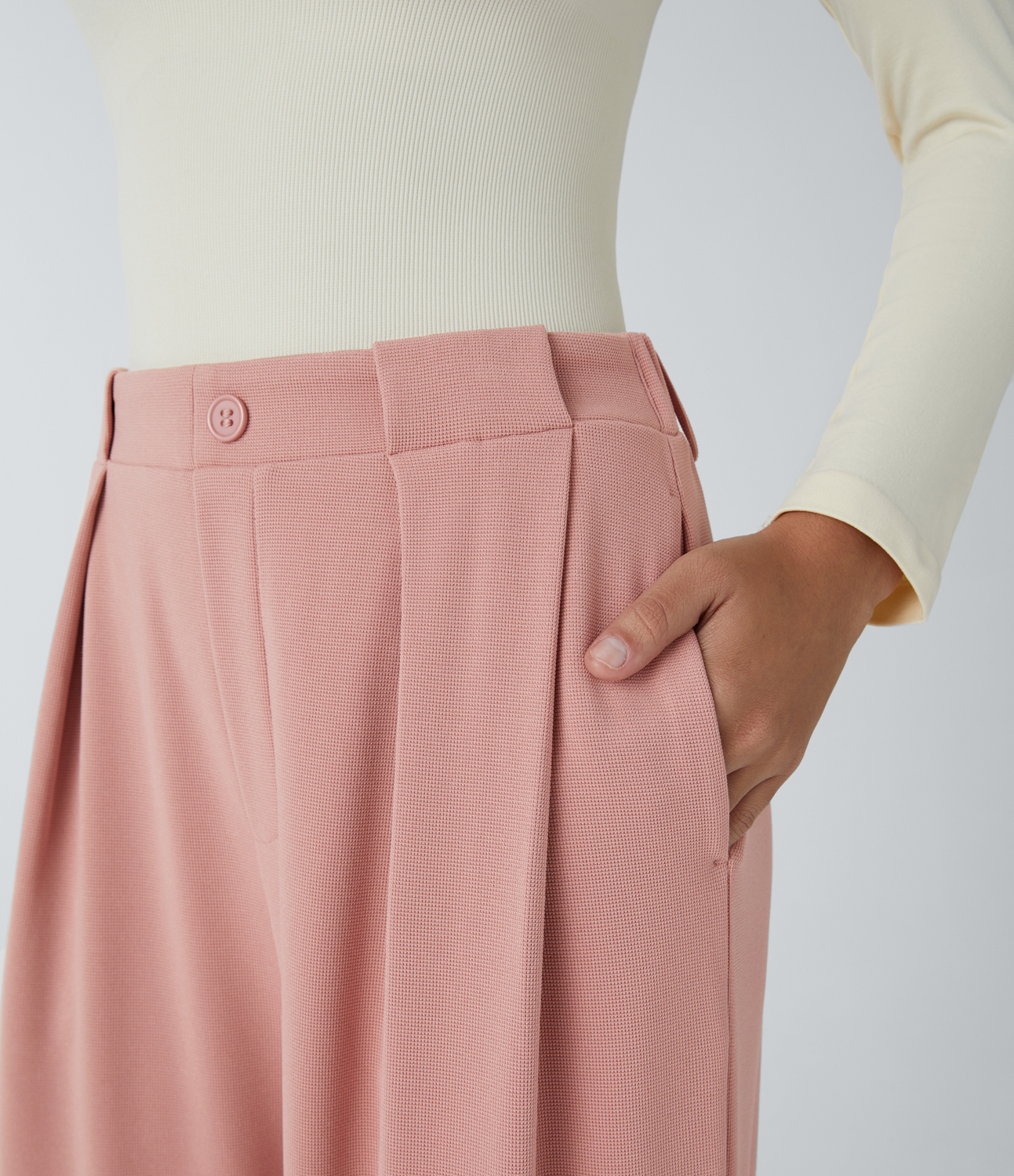 Halara High Waisted Decorative Button Plicated Side Pocket Wide Leg Waffle Work Pants  - Peach Beige - XS(regular) sweatpants jogger pants 
